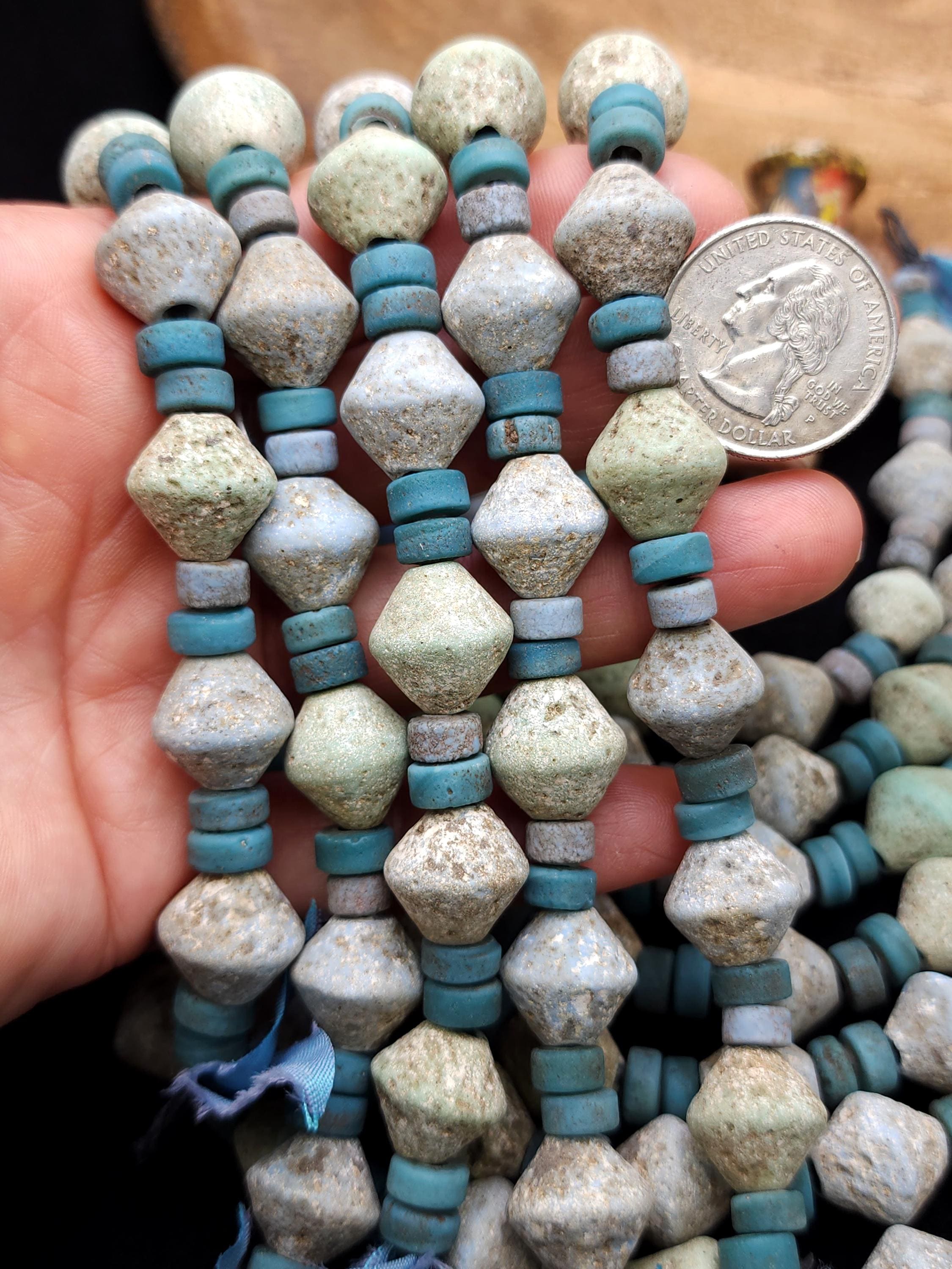 Old Bicone Glass Beads From Thailand, Rustic and Vintage Accent, Supplies to Make Jewelry, Strand With 25 Blue And Green Beads 8-15mm.