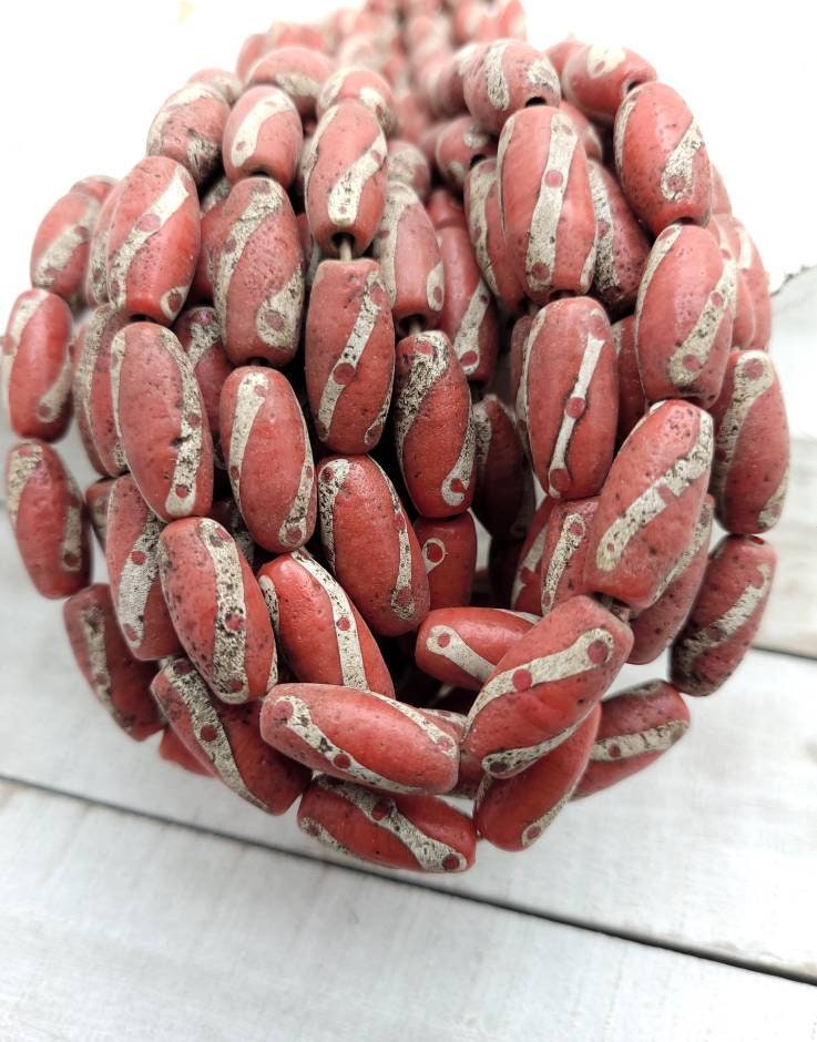 Old Accent Glass Beads Made By Thai Artisan Hands/ Indonesian Beads, Java, 10 Beads 18-20mm x 10mm, Jewelry Supplies, Vintage, Venetian.