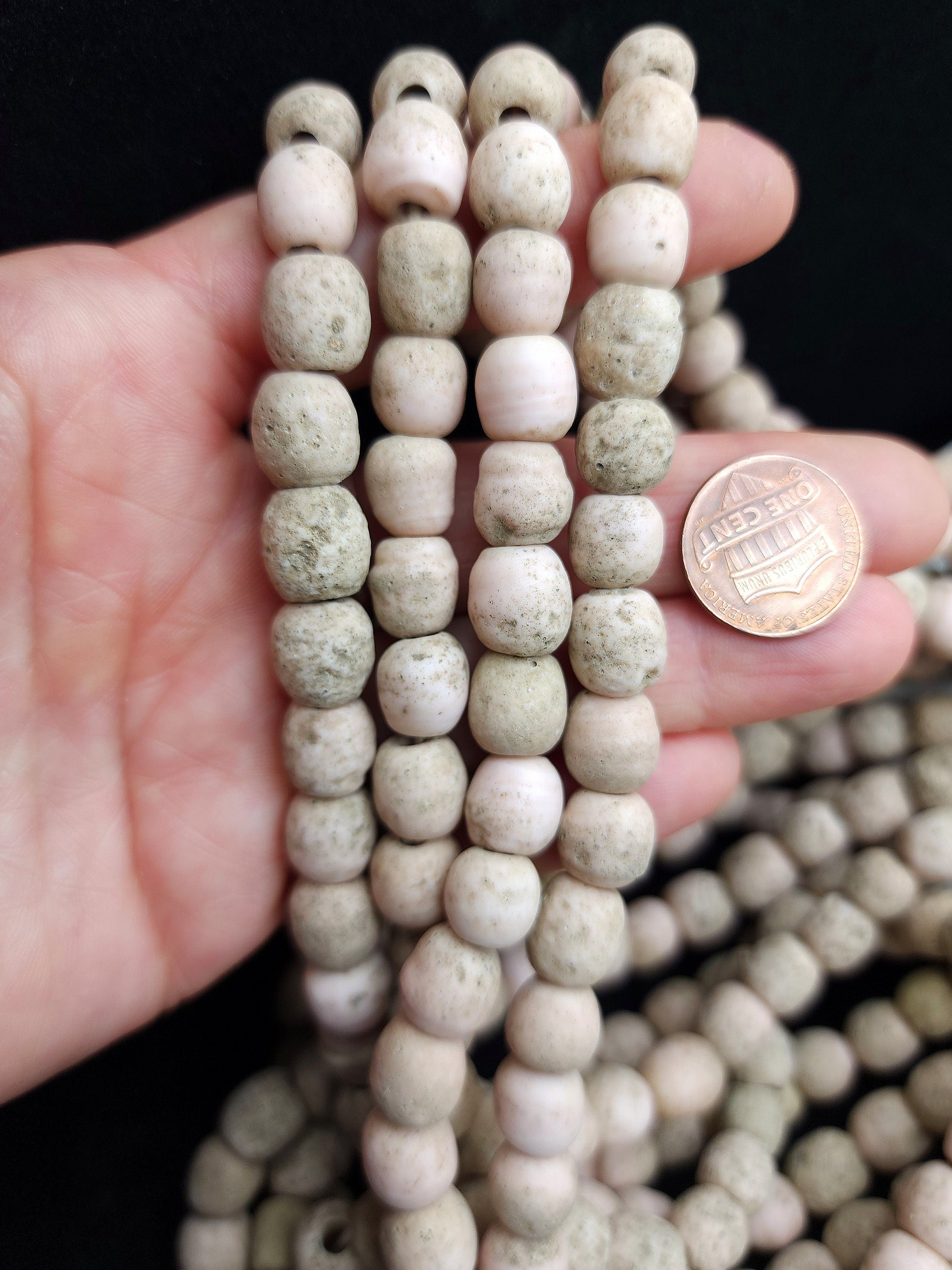 Handmade Indonesian Glass Beads / Java Rustic Beads / Strand 10" 26-28 Beads 9-10mm Beige / Vintage / Pink Pale / Jewelry Making Supplies
