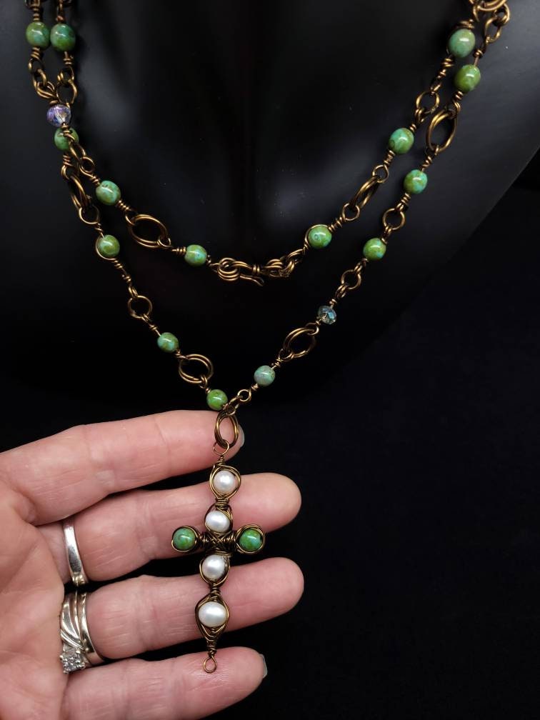 Pearls & Greens Necklace | Copper | Pearls | Rosary| Crystal