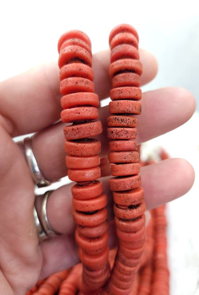 Red Glass Beads With Strong Old Rustic Accent, Raw Texture, 10mm, 11-12mm 10" Long Strand, Tribal, Jewelry Making Supplies.