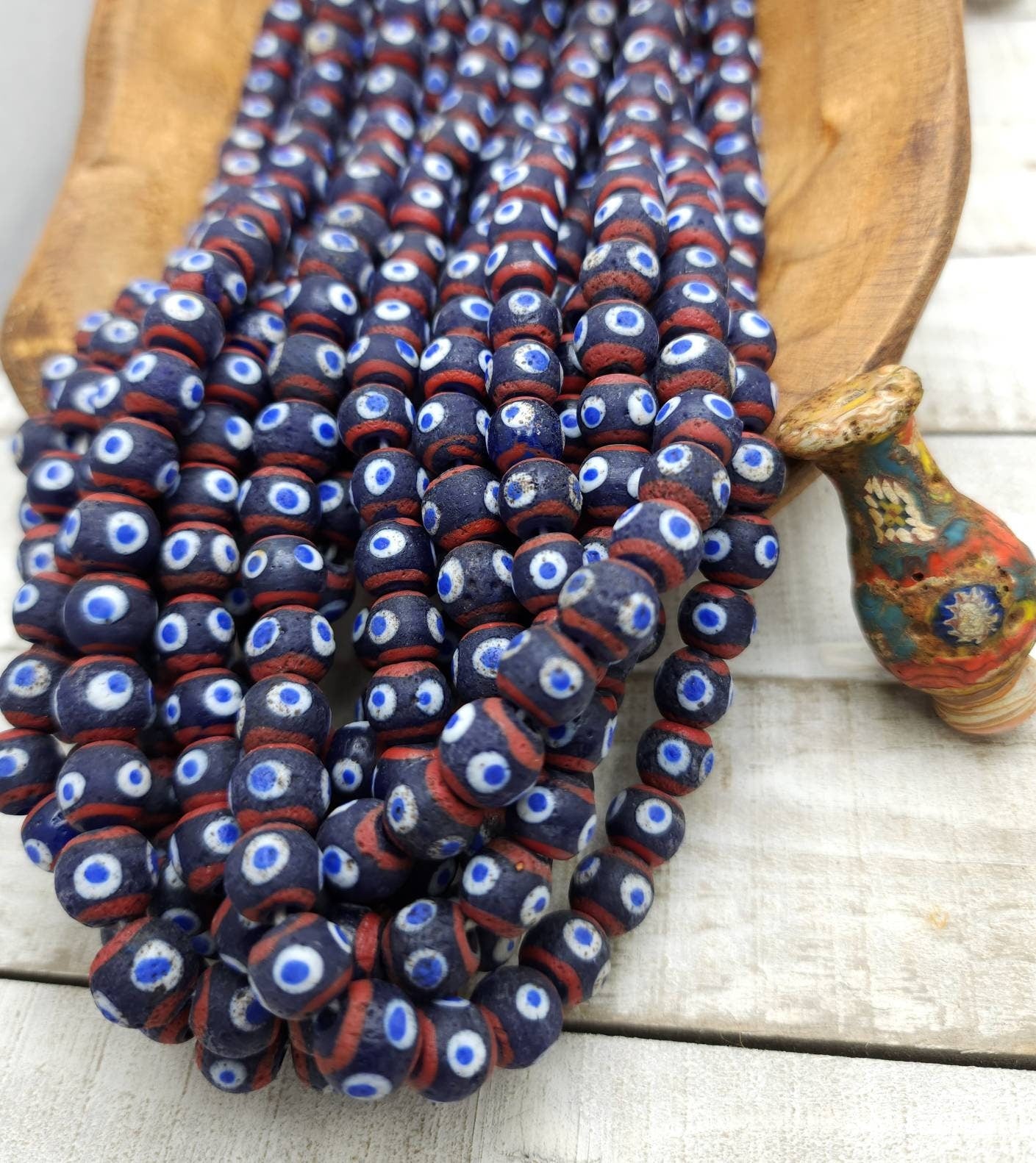 Evil Eye Opaque Glass Beads From Indonesia,  Option To Choose Full Strand 17" 44-48 Beads or Half Strand 9-10mm x 8-10mm, Jewelry Supplies