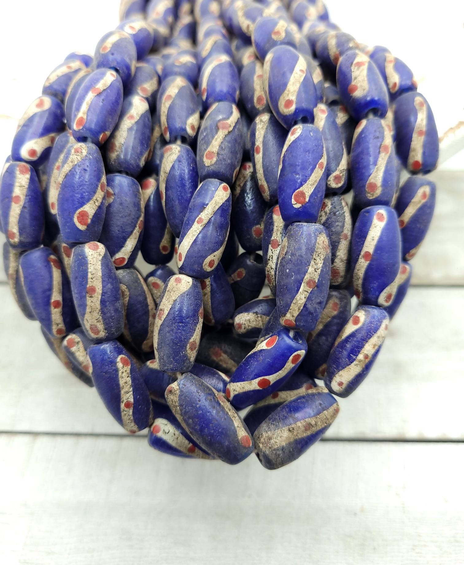 Old Accent Glass Beads Made By Thai Artisan Hands/ Indonesian Beads /Java / 10 Beads 18-20mm x 10mm / Jewelry Supplies / Vintage / Venetian