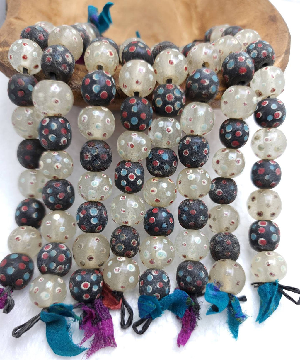 Old Eye Glass Beads Strand Of 12 Beads 12-14mm Big Hole / Vintage Beads / Indonesian / Venetian / Jewelry Making Supplies, Craft.