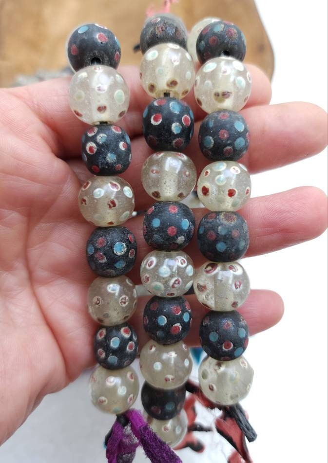 Old Eye Glass Beads Strand Of 12 Beads 12-14mm Big Hole / Vintage Beads / Indonesian / Venetian / Jewelry Making Supplies, Craft.