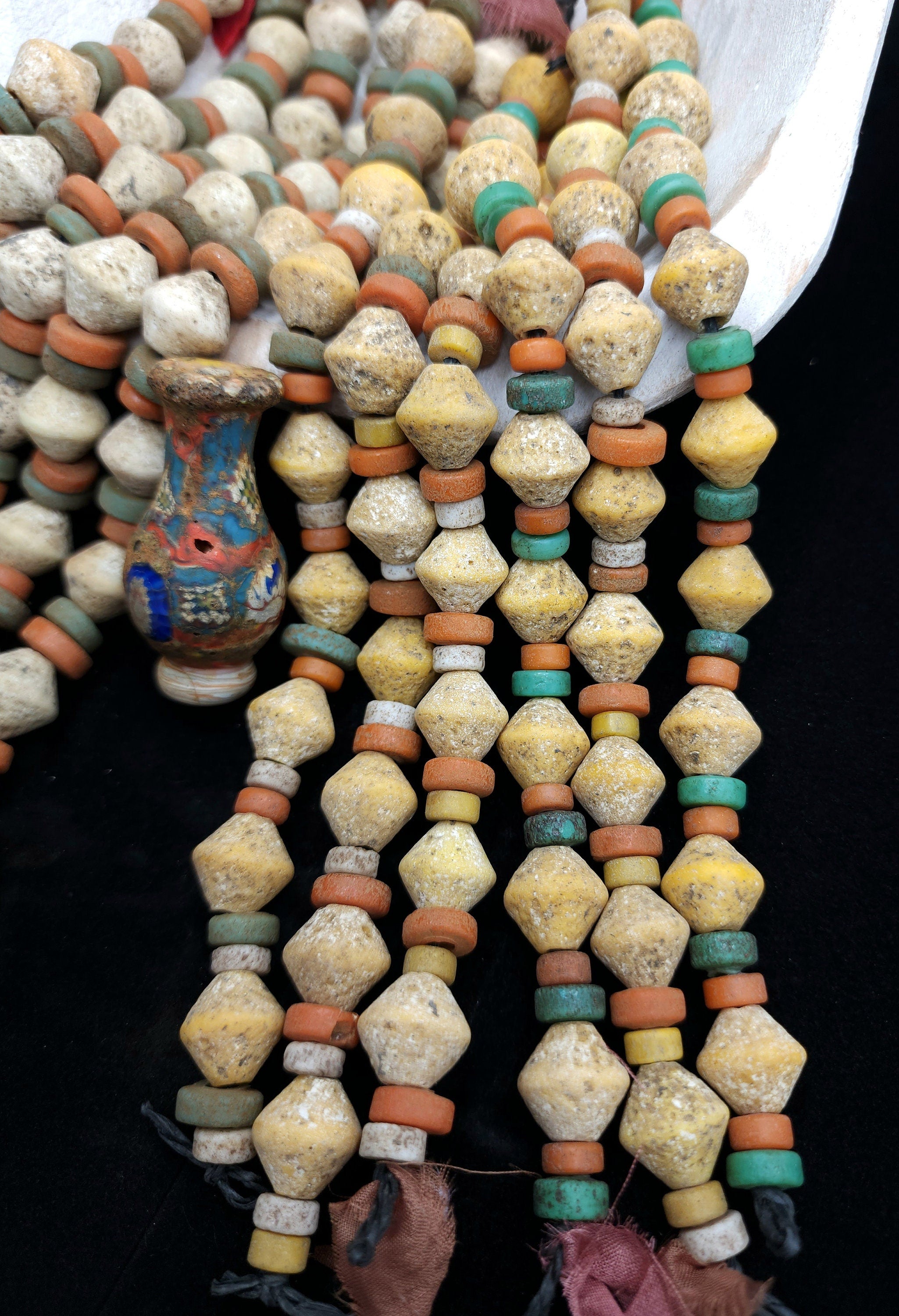 Bicone Old Glass Beads Strand 8" 14mm+ x 13-15mm Option To Choose Beige Or Yellow,  Jewelry Making Supplies, Unusual Beads, Thailand Beads.