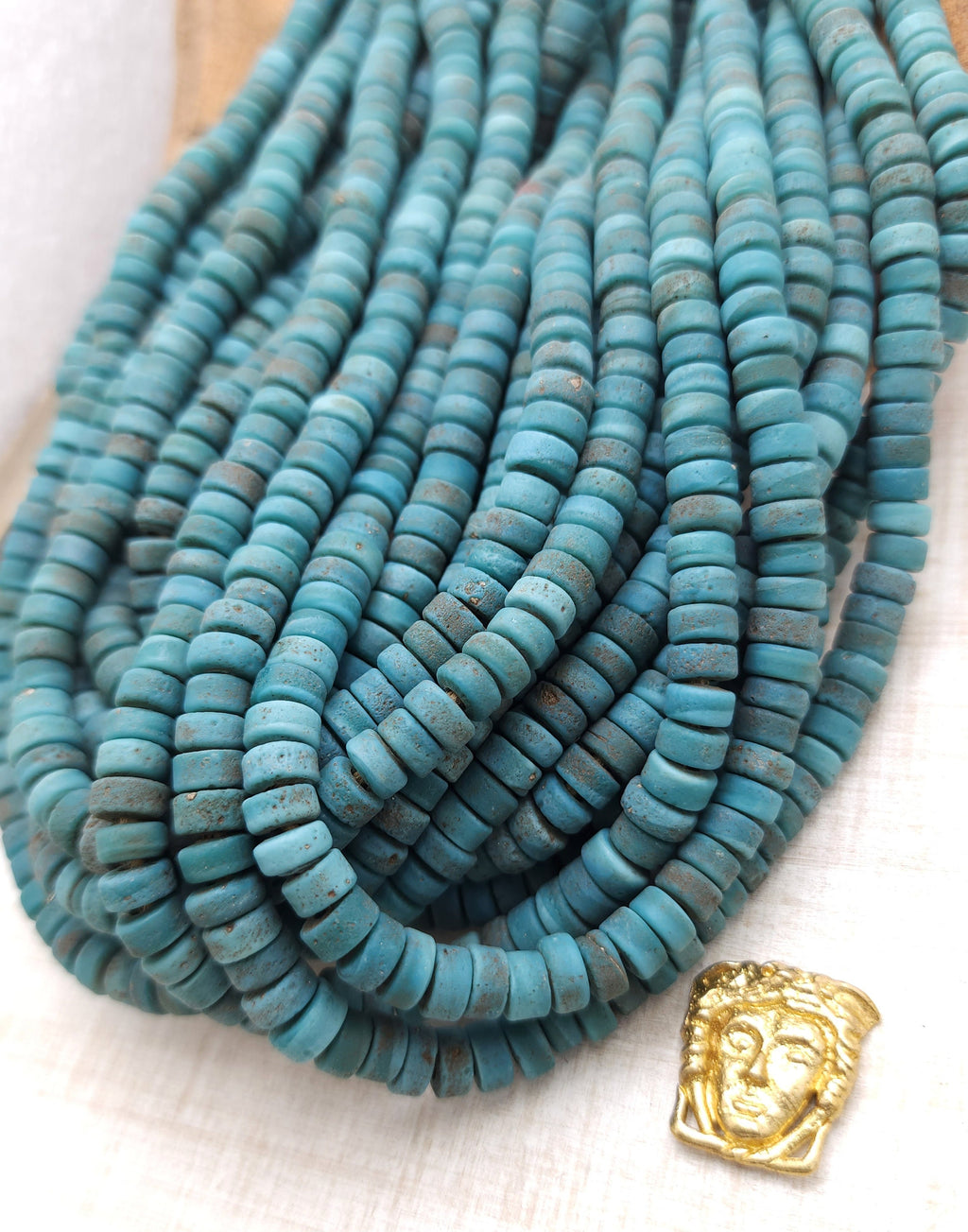 Blue Glass Beads With Strong Old Rustic Accent Raw Texture, 7-8mm Strand 10", Heishi, Indonesian, Java, Jewelry Making Supplies.
