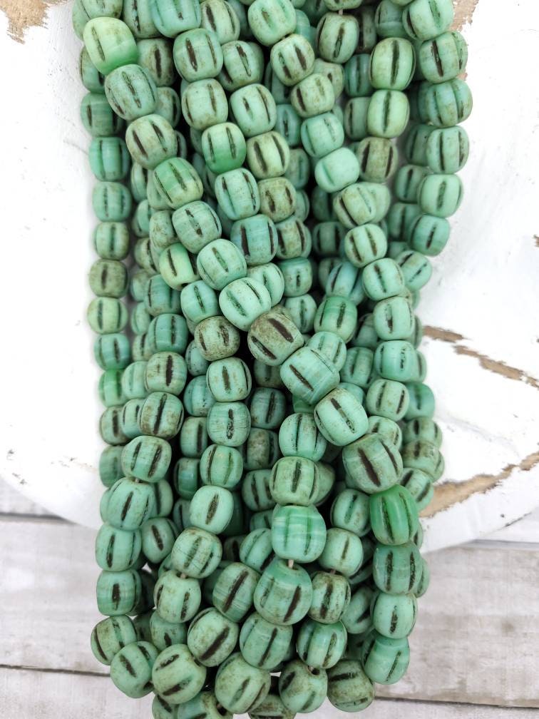 Melon Shaped Glass Beads With Accent Rustic Old Look 10-11mm Strand of 12 Beads, Jewelry Making Supplies, Pumpkins Beads.