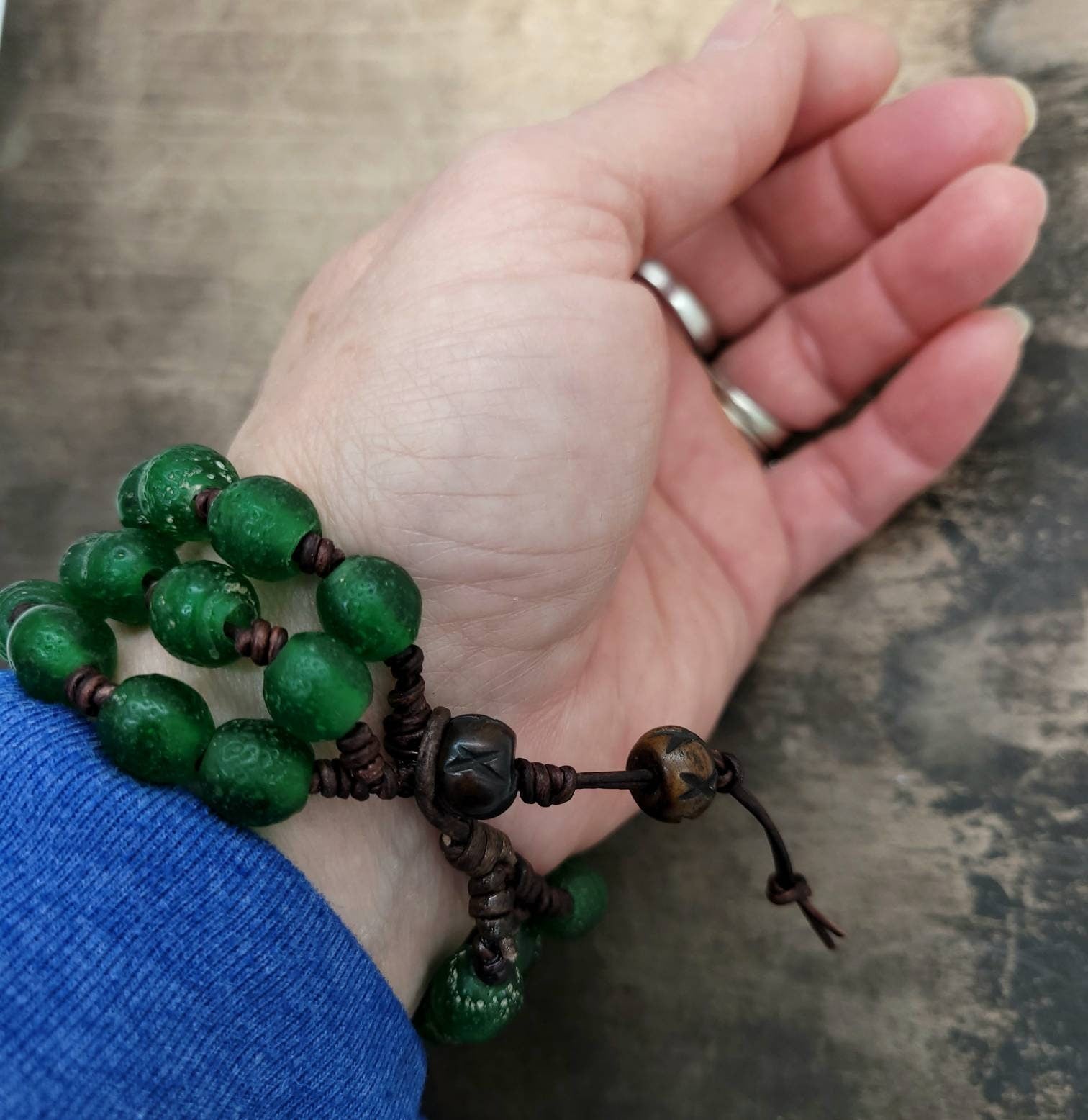 Beautiful Leather Bracelet / Bracelet for Men or Women / Antique Rustic Indonesian Glass Bead Jewelry/Boho/Tribal / Native American/ Ethnic.
