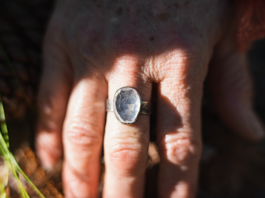 925 Silver, Hand Engraved, And Rose Cut Precious Rose Quartz Ring