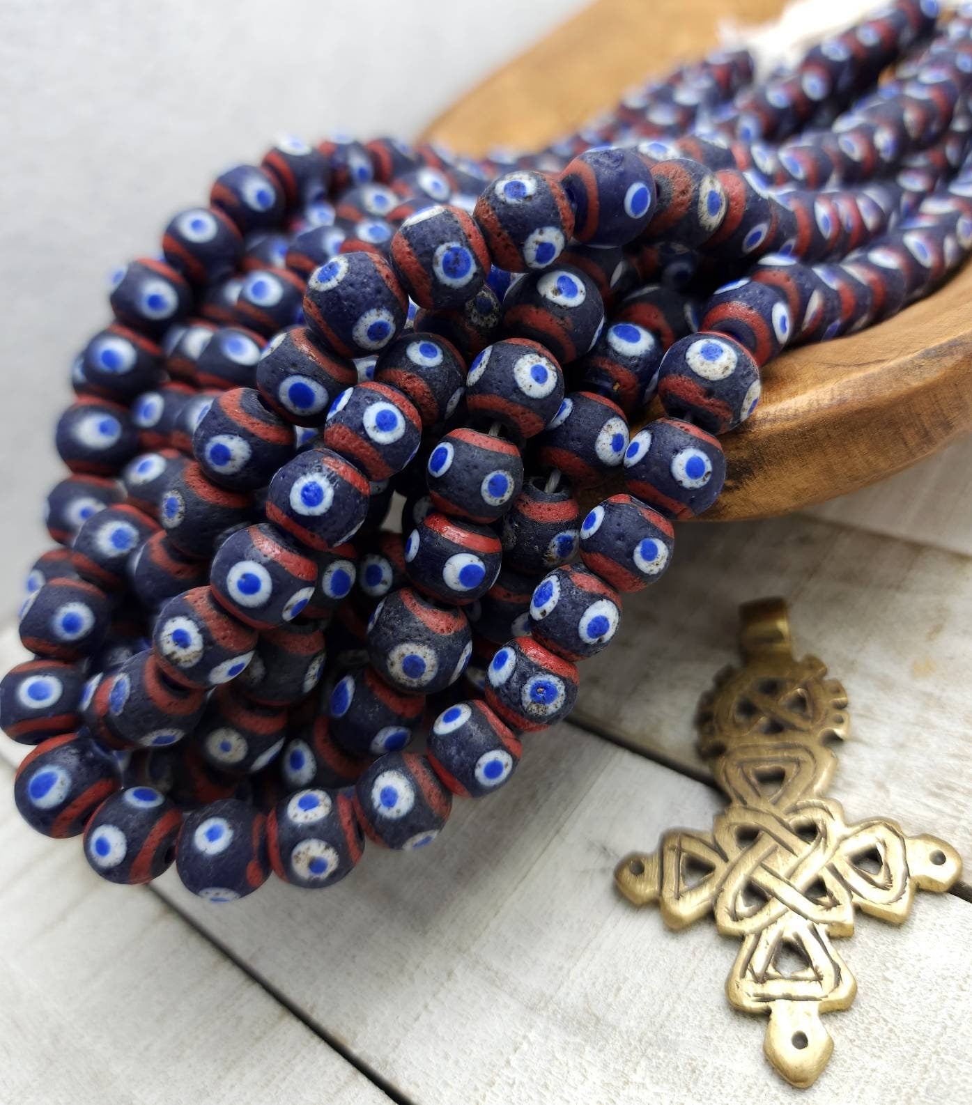 Evil Eye Opaque Glass Beads From Indonesia,  Option To Choose Full Strand 17" 44-48 Beads or Half Strand 9-10mm x 8-10mm, Jewelry Supplies