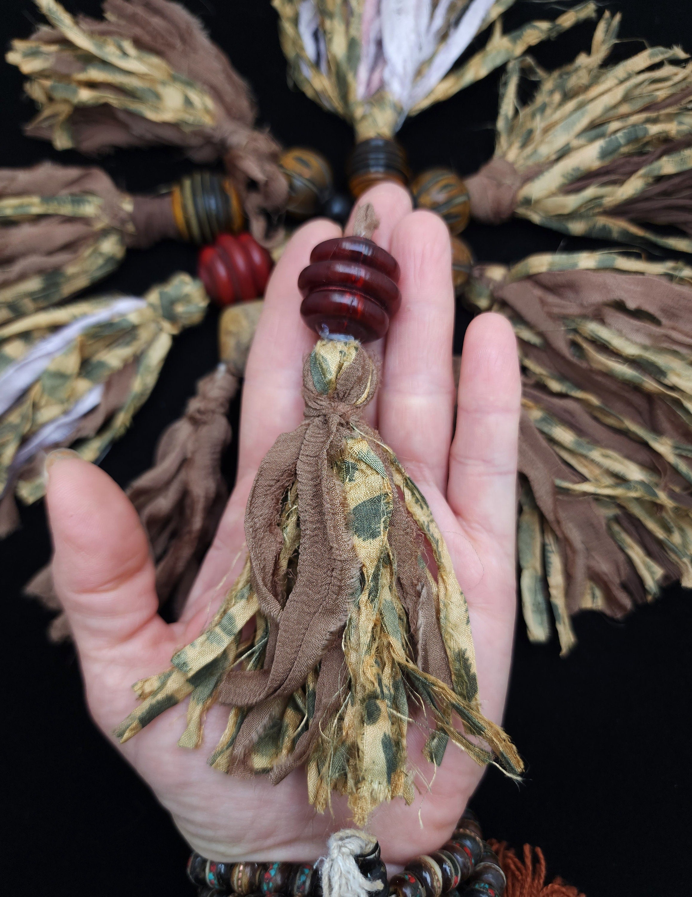 Silk Sari Tassel for Mala Beads - Unique Mala Necklace Tassel - Fair Trade Sari Silk - Handmade Tassels - Horn Bead - Jewelry Supplies