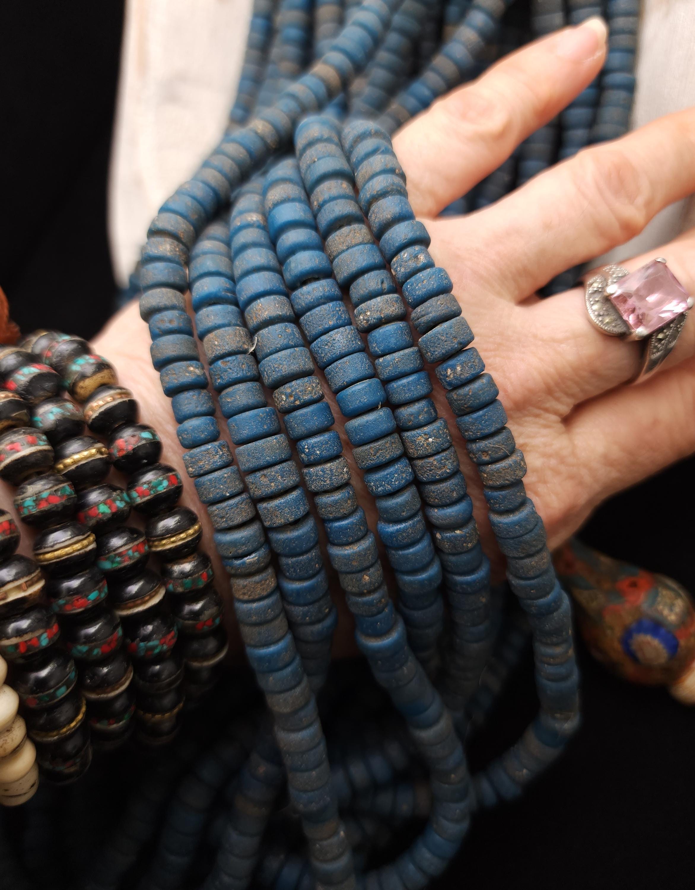 Glass Beads With Rustic Accent 6-8mm 10" Long Strand / Handmade Beads/ Heishi / Java Indonesia  Beads / Jewelry Making Supplies / Craft.