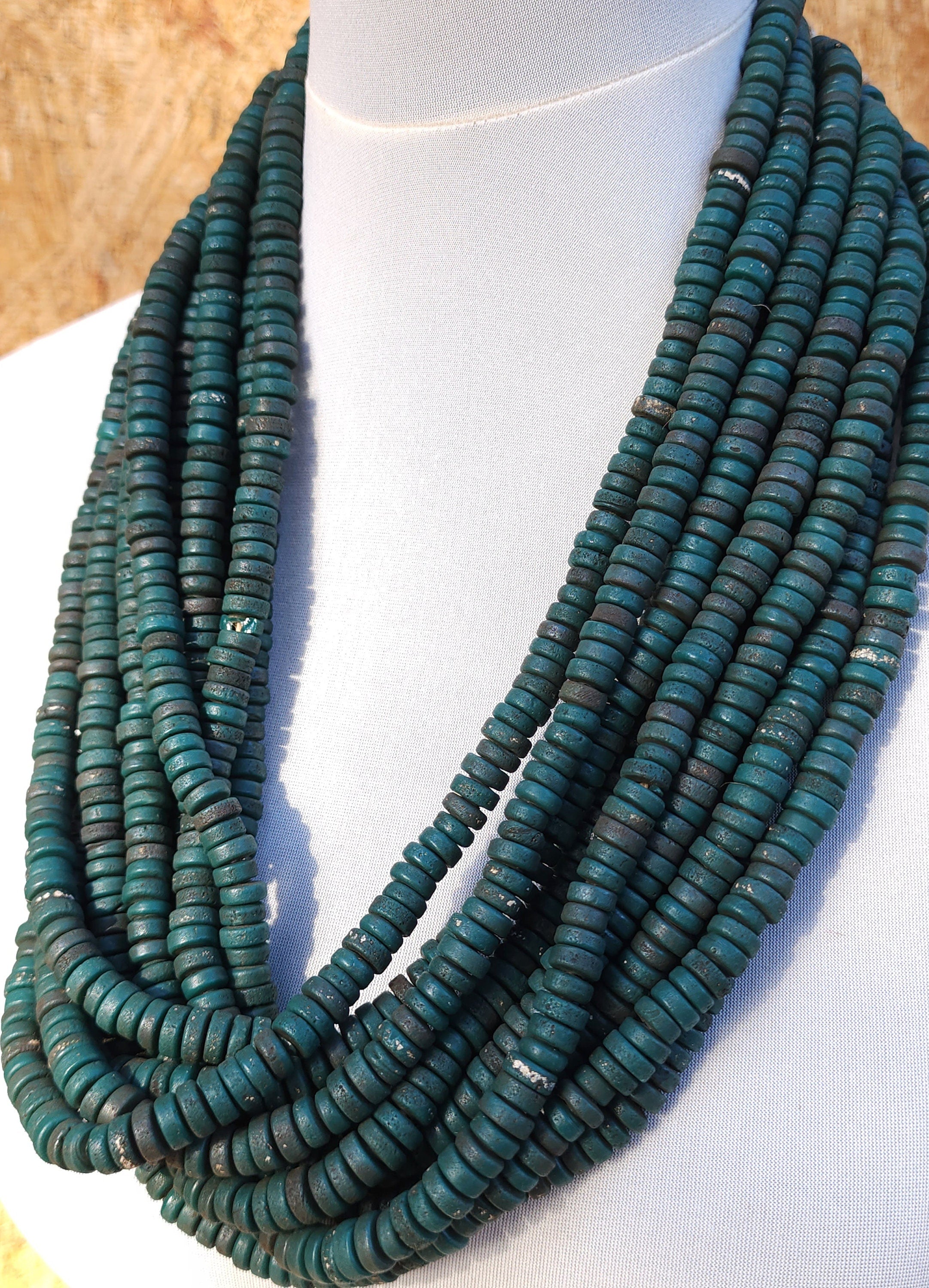 Green Glass Beads With Strong Old Rustic Accent Raw Texture, Option To Choose 7-8 Or 9-10mm Strand 10", Heishi, Indonesian Beads.