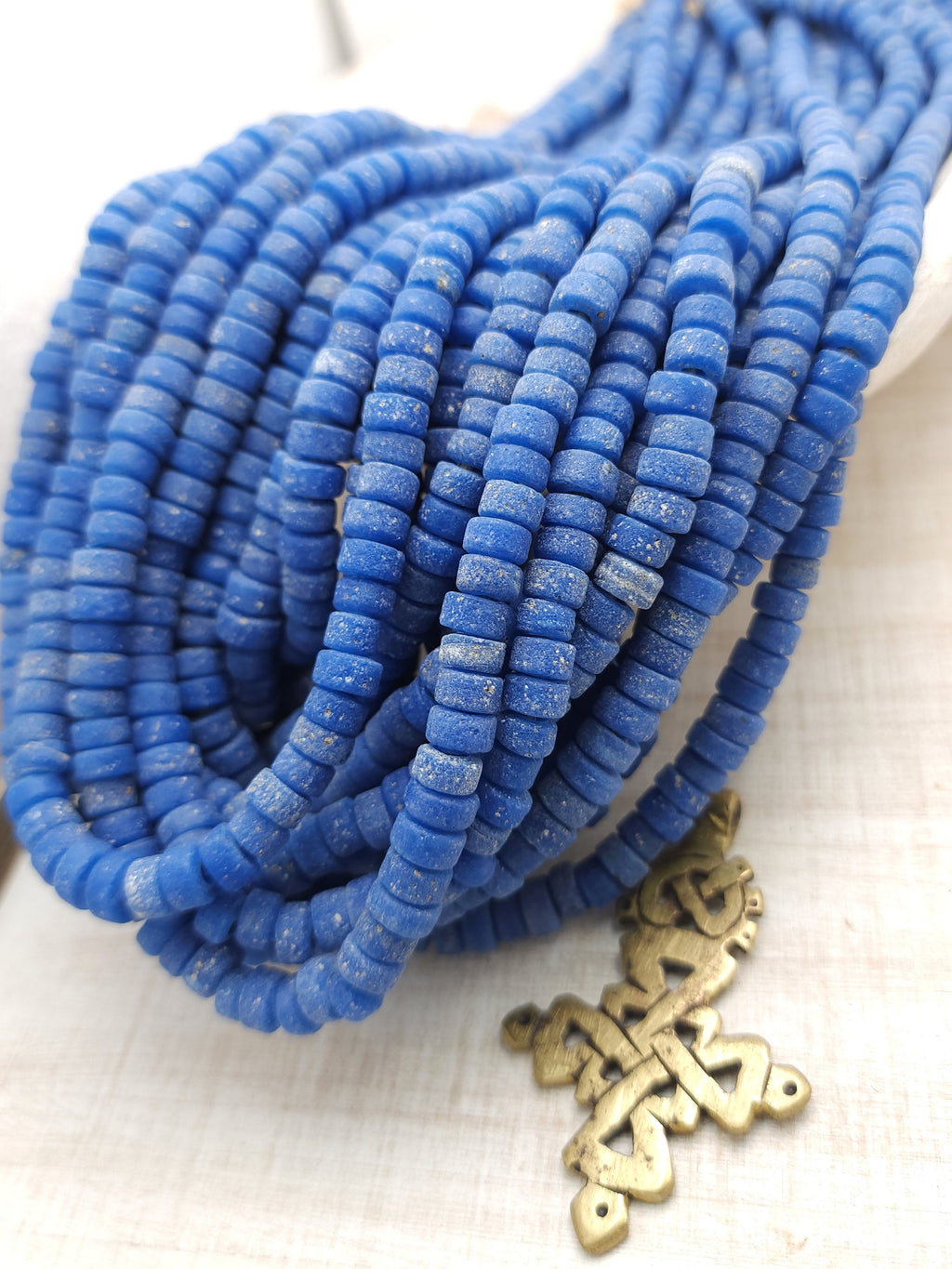 Blue Glass Beads With Strong Old Rustic Accent Raw Texture, 7-8mm Strand 10", Heishi, Indonesian, Java, Jewelry Making Supplies.