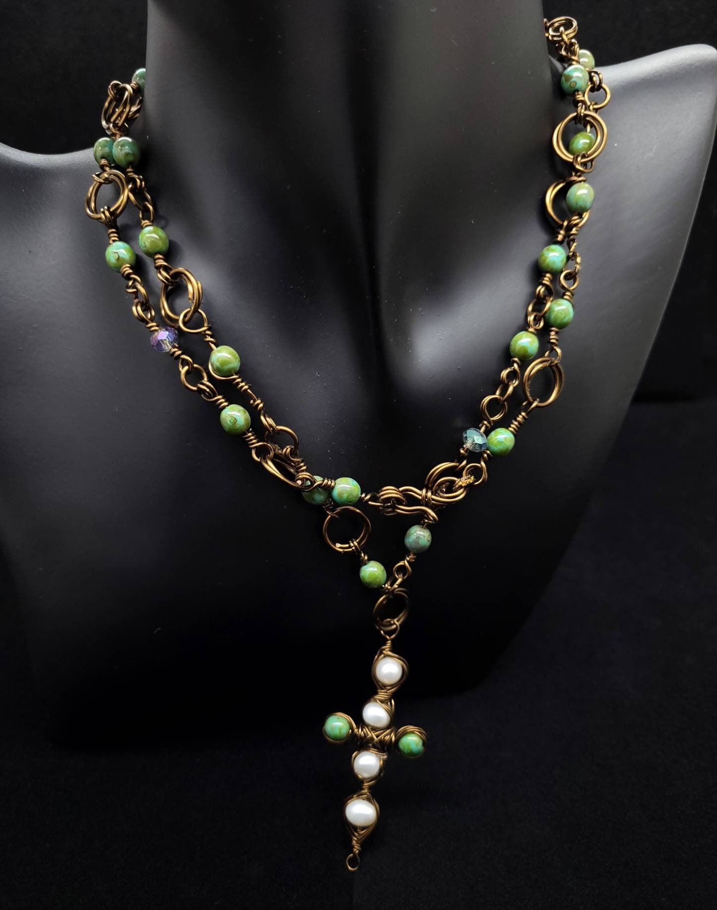 Pearls & Greens Necklace | Copper | Pearls | Rosary| Crystal