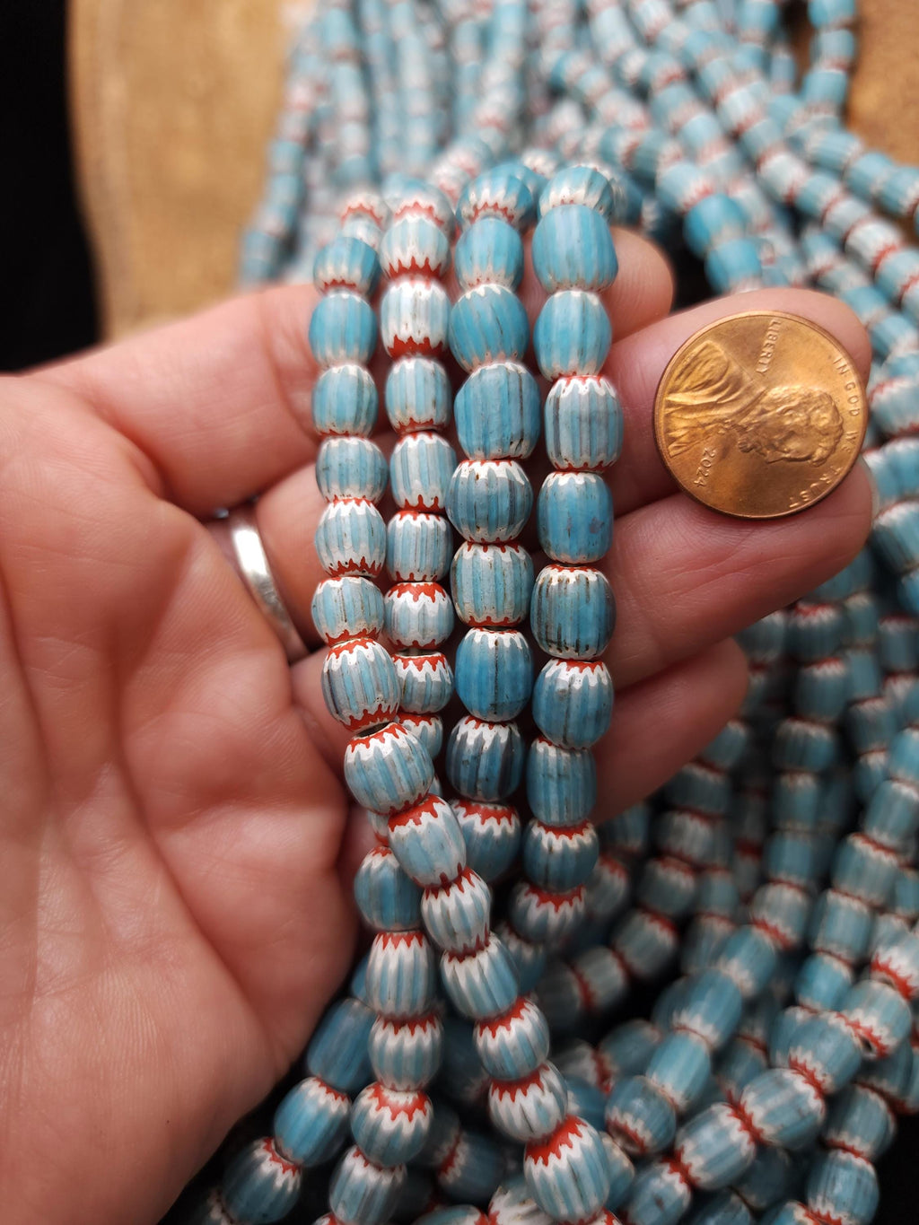 Blue Multilayer Chevron Beads From Java Indonesia, 7-10mm x 7-9mm+, Full Strand 21" Inches 60-62 Beads, Vintage, Jewelry Supplies.