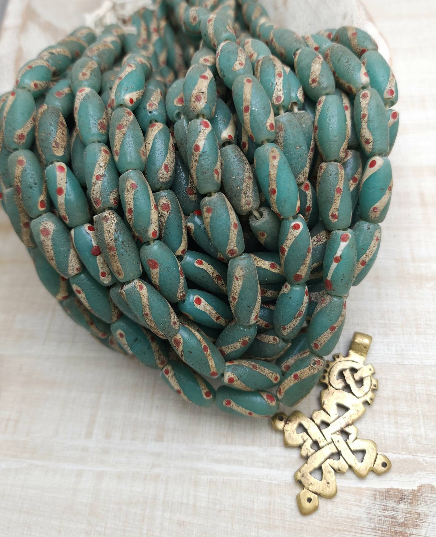 Teal Turquoise Old Accent Glass Beads Made By Thai Artisan Hands /Java / 10 Beads 18-20mm x 10mm /Jewelry Supplies / Vintage / Venetian