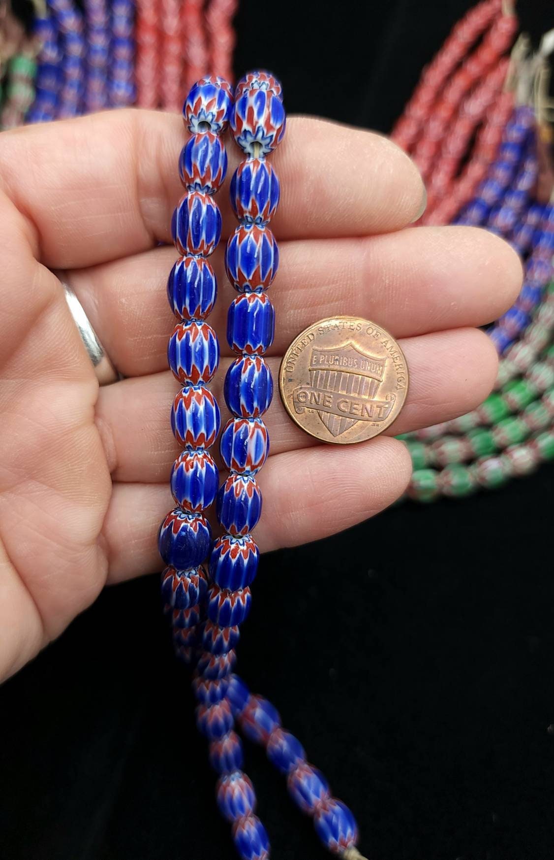 Multi-Layer India Handmade Chevron Glass Beads Choose Red, Blue Or Green / Strand 10"  30 Beads 7x9mm / Jewelry Making Supplies.