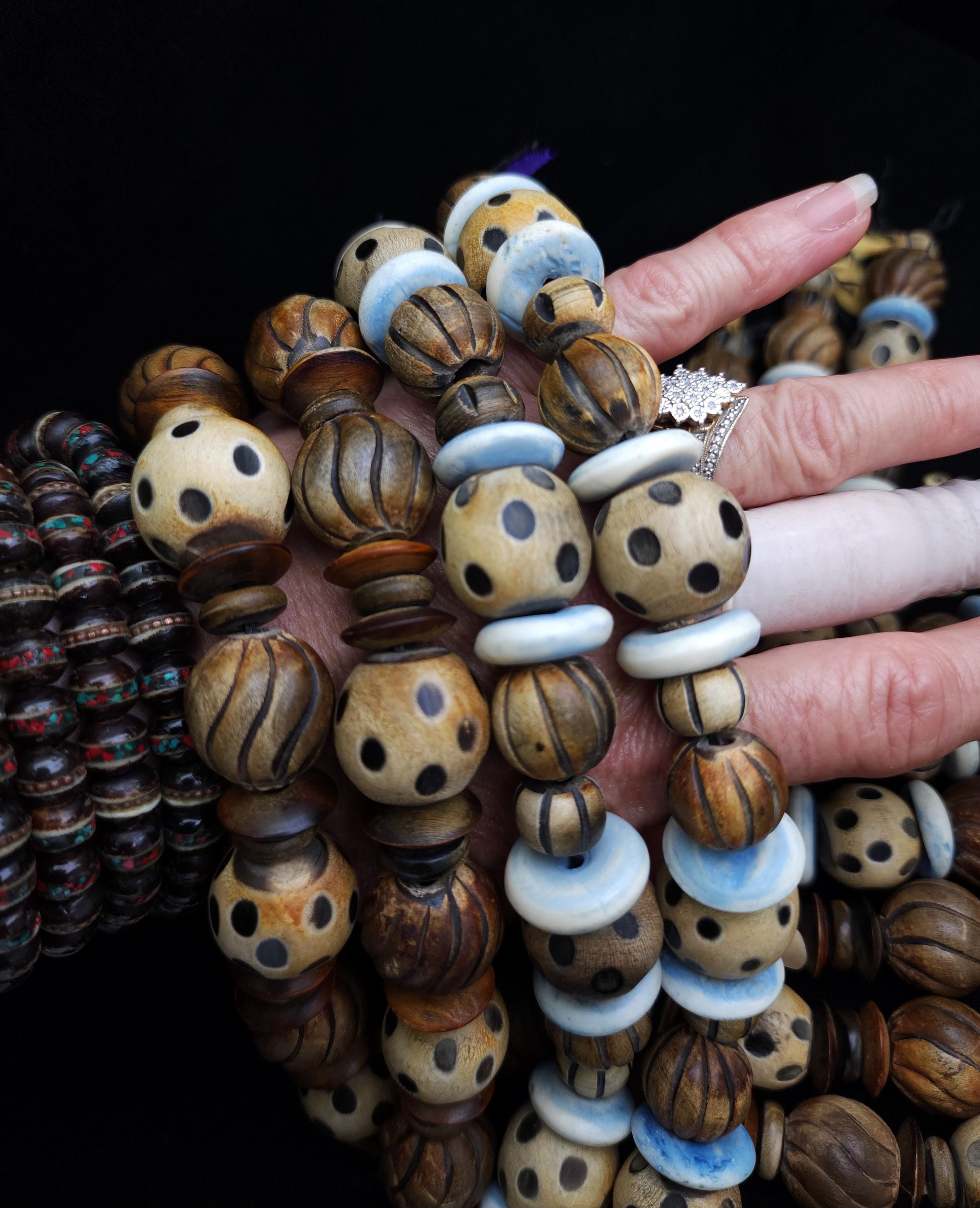 Hand-Carved Horn Bone Beads, 12–21mm, Unique African Large Hole Beads, Strand 10", Option to choose, Rustic Natural Buffalo Bone Beads.
