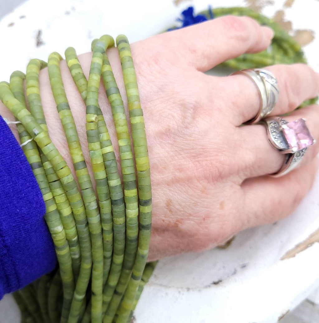 Serpentine Lemon Green Natural Jade Heishi Beads / Cylinder Heishi Beads From Afghanistan / 4 x 2-3mm Strand 15" / Jewelry Making Supplies.