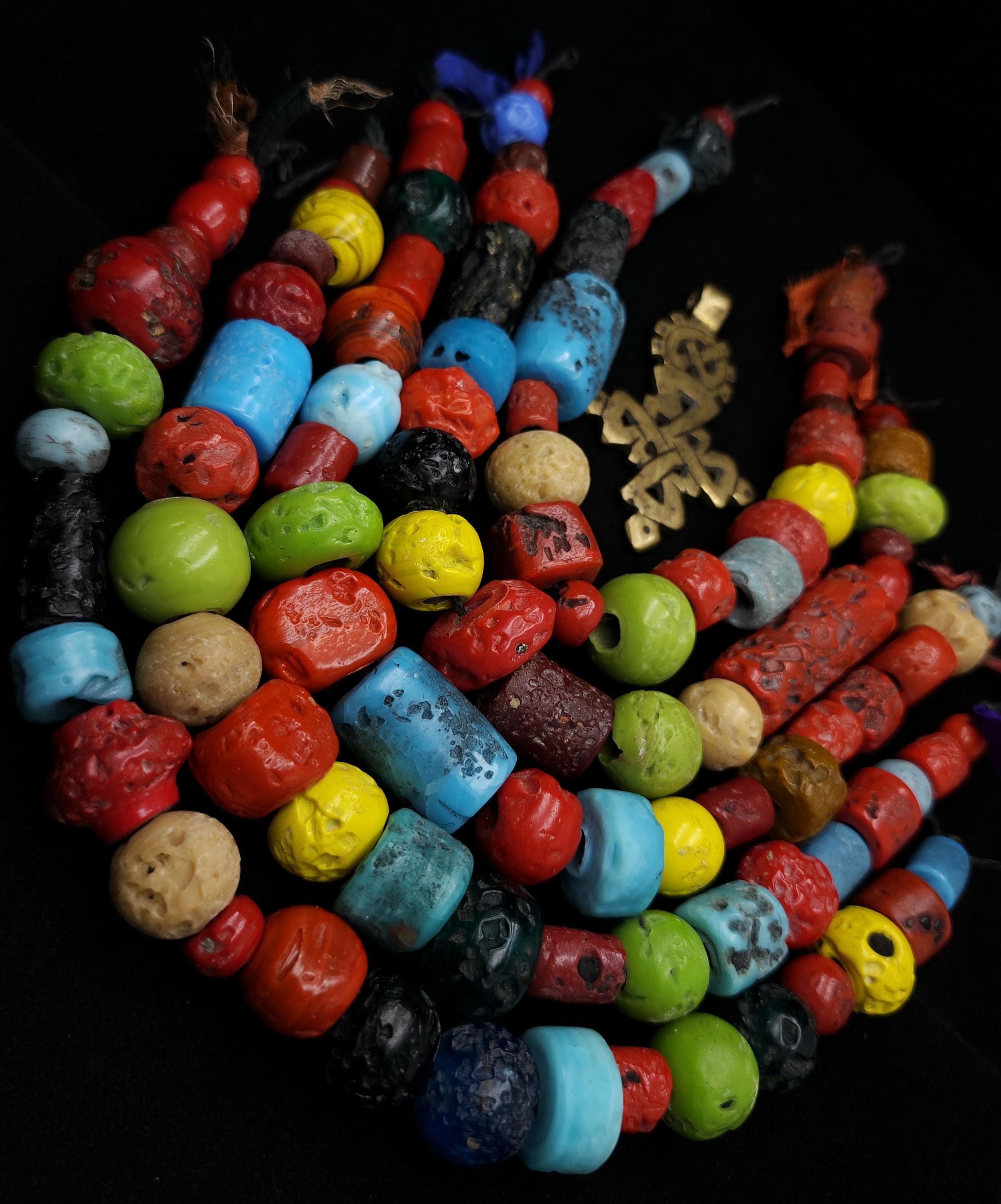 Multicolor Vintage Himalayan Glass Beads, 10" Strand, 8-40mm, Tribal Ethnic Boho Jewelry Making Supplies.
