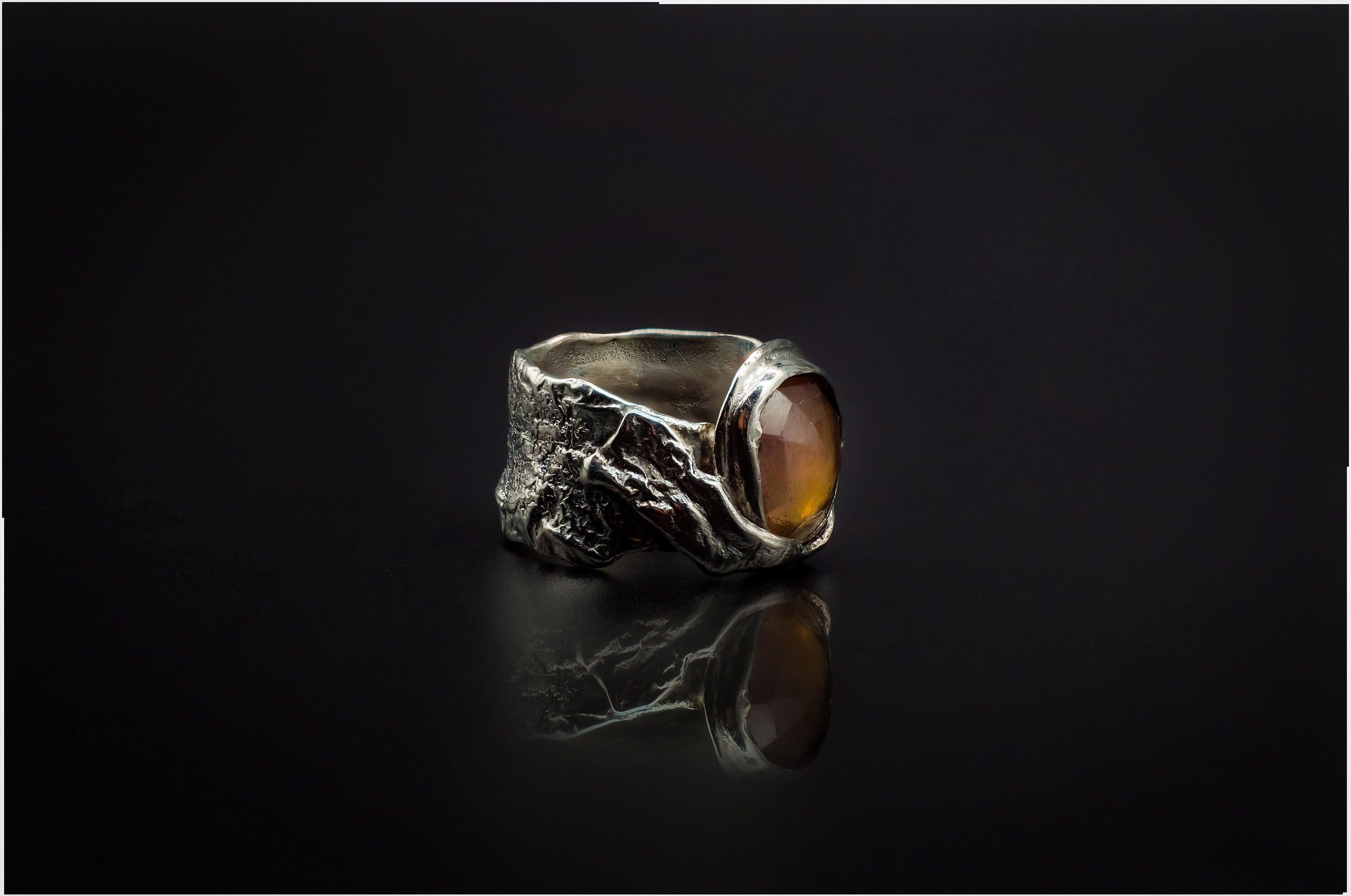925 Reticulated Silver, And Rose Cut Sapphire Ring