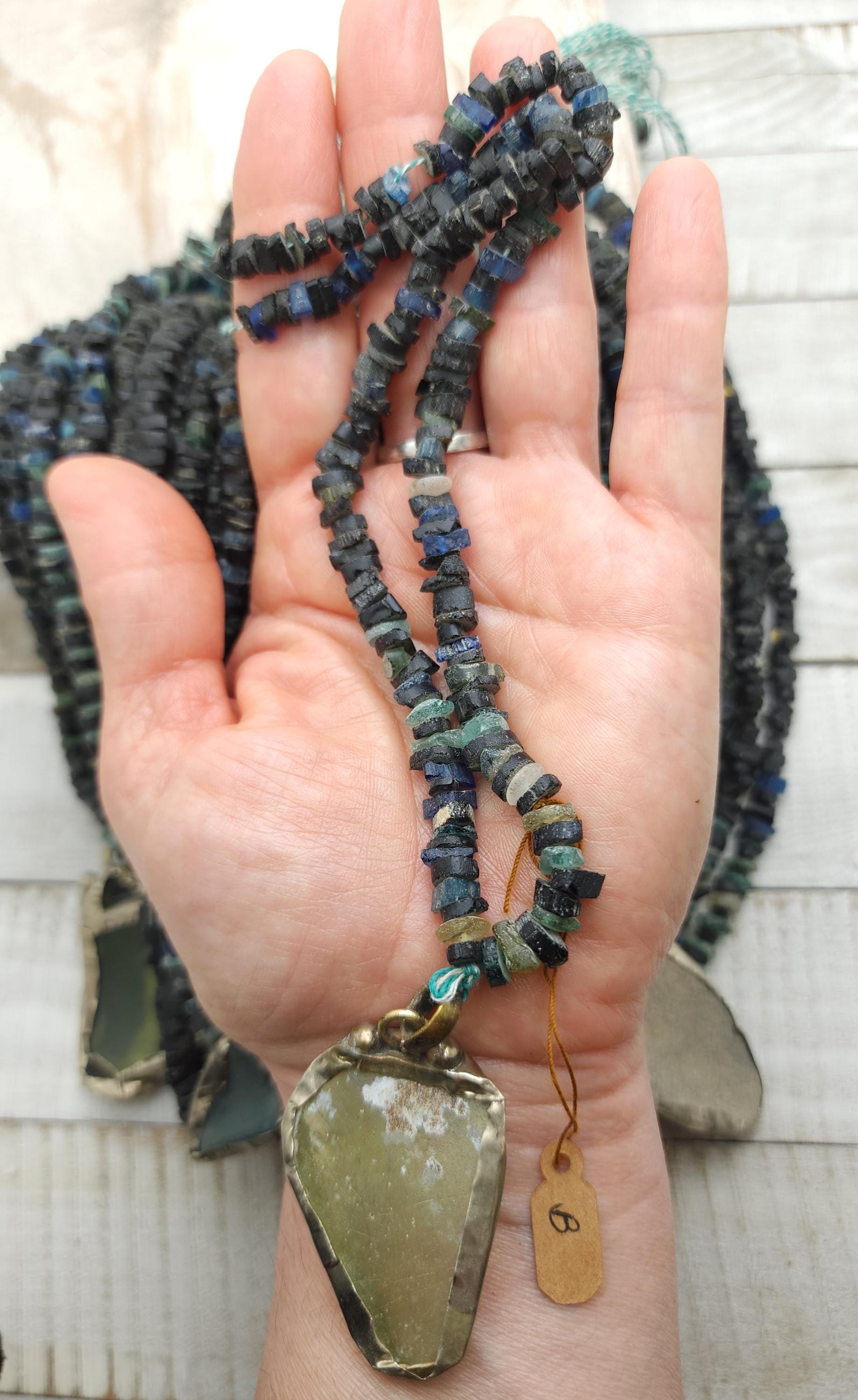 Unusual Dark Beads of Ancient Rome, Rustic Beads, Afghan Jewelry, Large Roman glass pendant, Strand 14-15" 4-10mm, Jewelry Supplies
