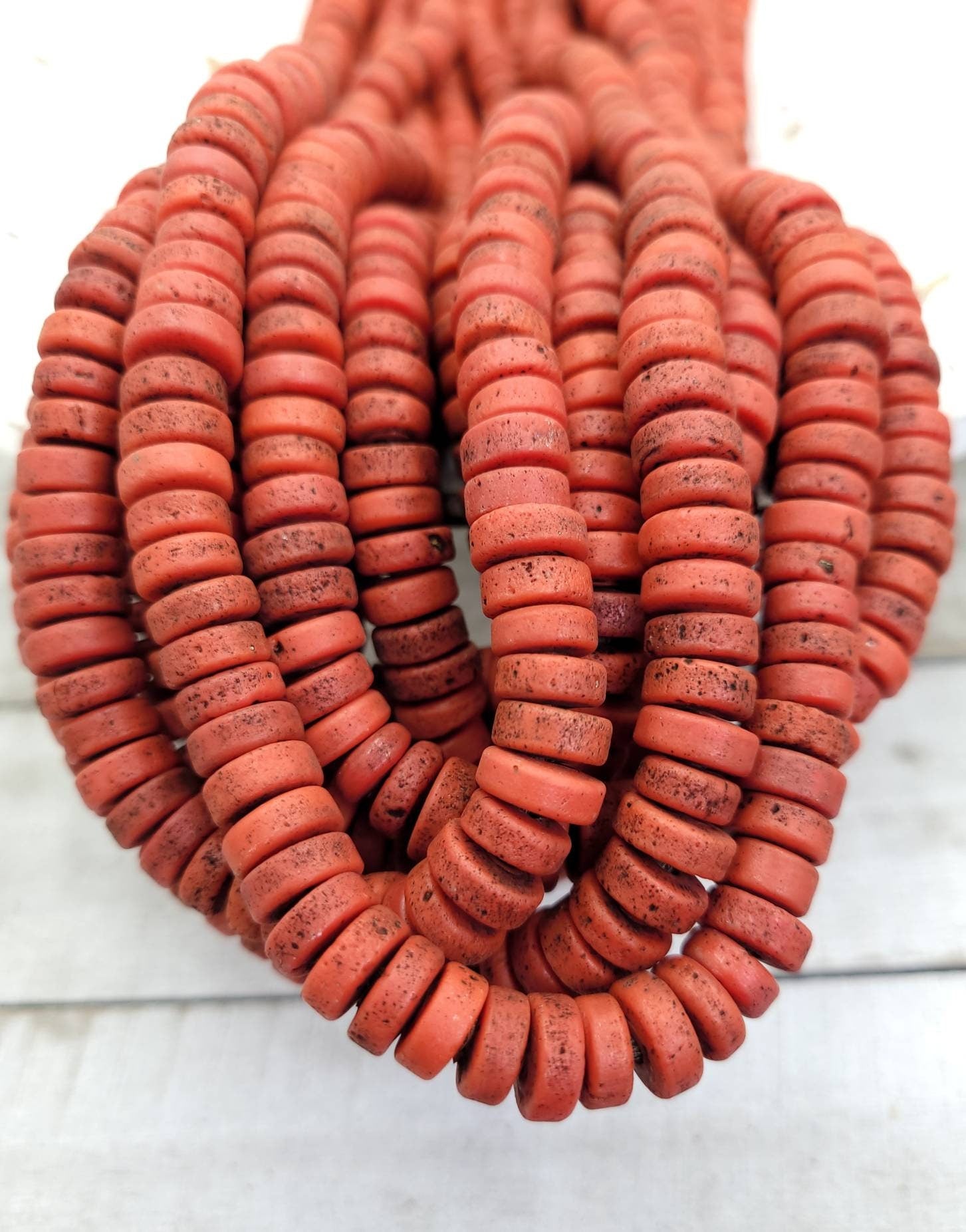 Red Glass Beads With Strong Old Rustic Accent, Raw Texture, 10mm, 11-12mm 10" Long Strand, Tribal, Jewelry Making Supplies.