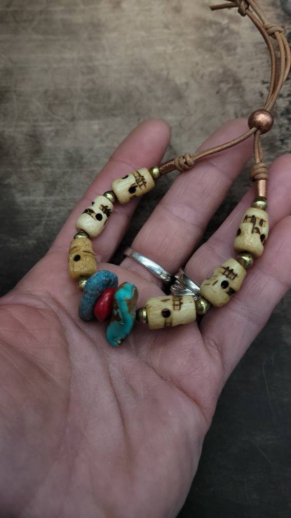 Beautiful Authentic Leather Bracelet / Authentic Turquoise / Roman Glass / Skull Bone.