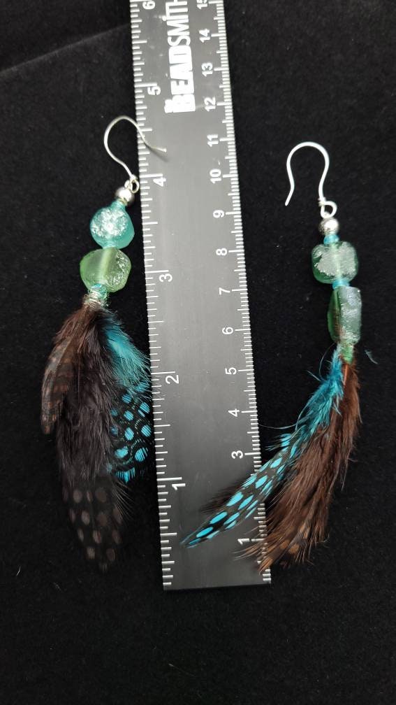 Authentic 925 Silver Earrings / Ancient Roman Glass / Natural Feather Earrings / Hippie Earrings / Ethnic Jewelry.