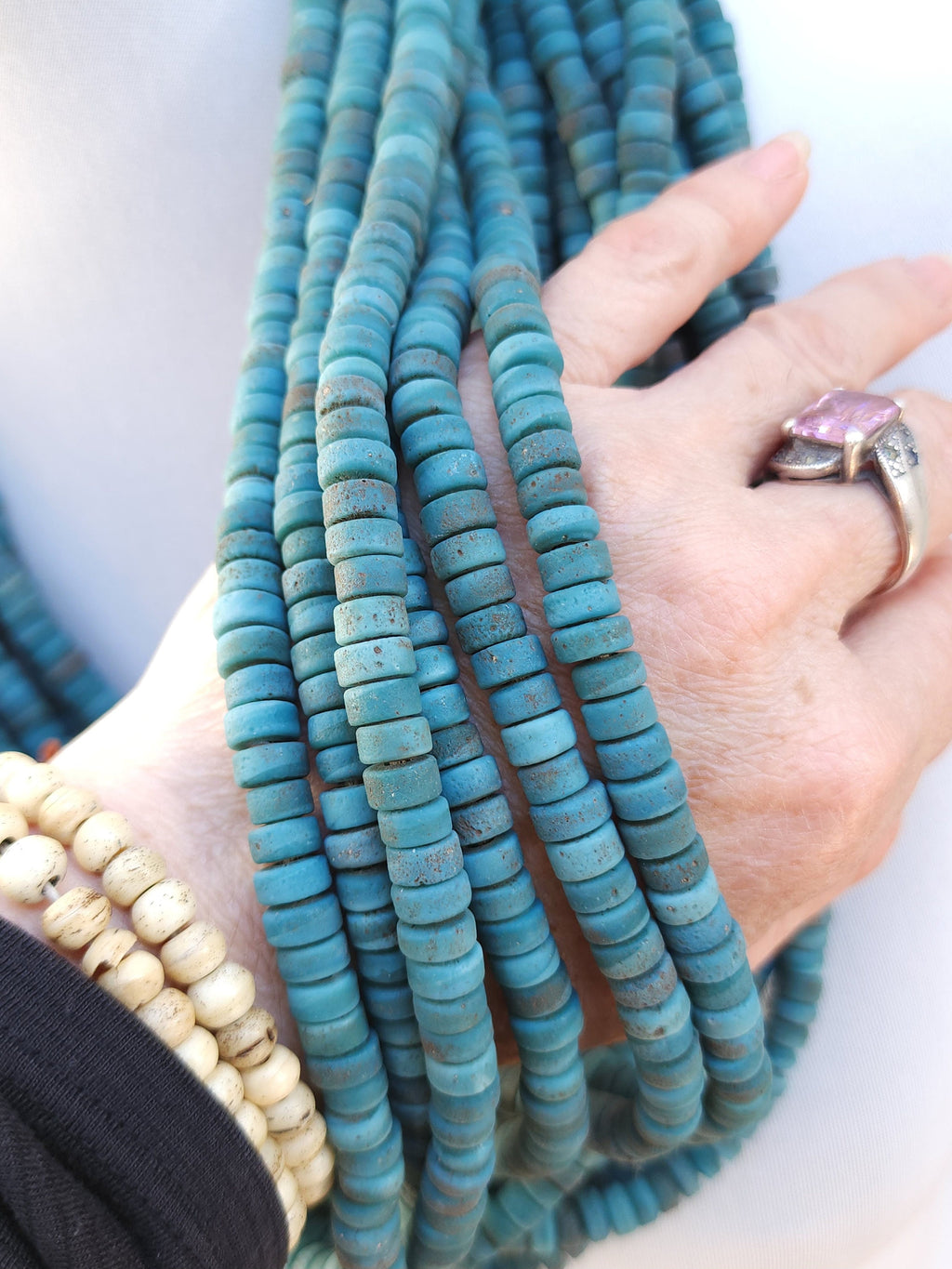 Blue Glass Beads With Strong Old Rustic Accent Raw Texture, 7-8mm Strand 10", Heishi, Indonesian, Java, Jewelry Making Supplies.