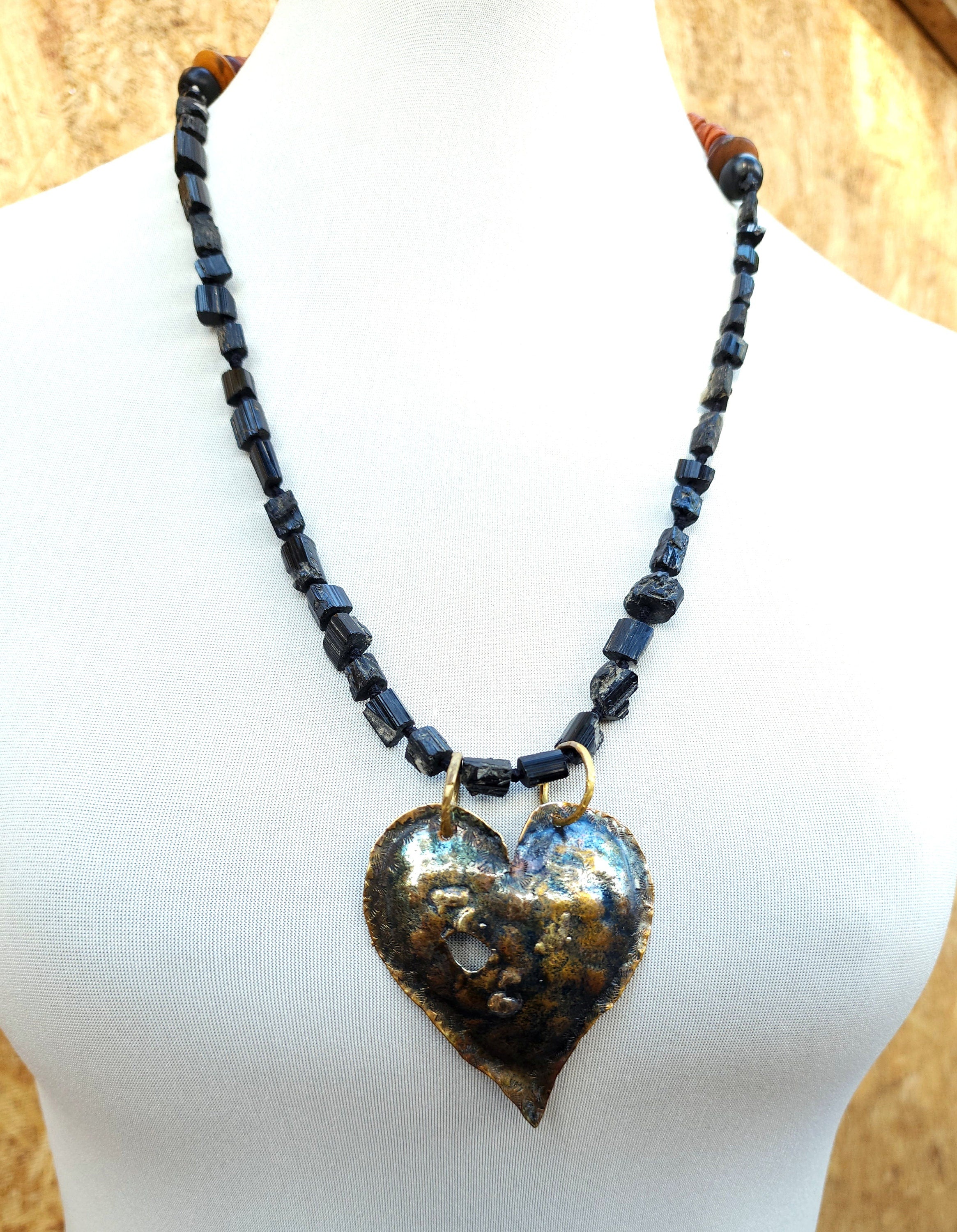 Heart necklace hammered by the hand of Laton Reticulated with silver 925, Long necklace 13-18," Black Tourmaline Natural Stone, Hand Made.