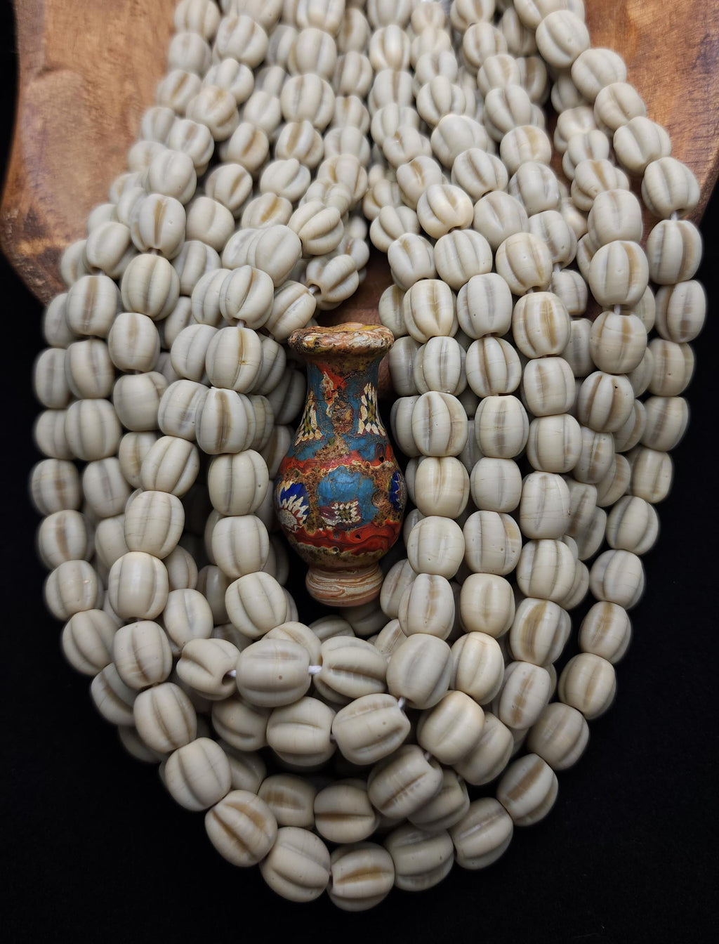 Strand of 12 Melon Glass Beads 10-11mm, Opaque Beige Beads Handmade in Java, Indonesia, Pumpkin Ethnic Artisan Beads, Jewelry Supplies