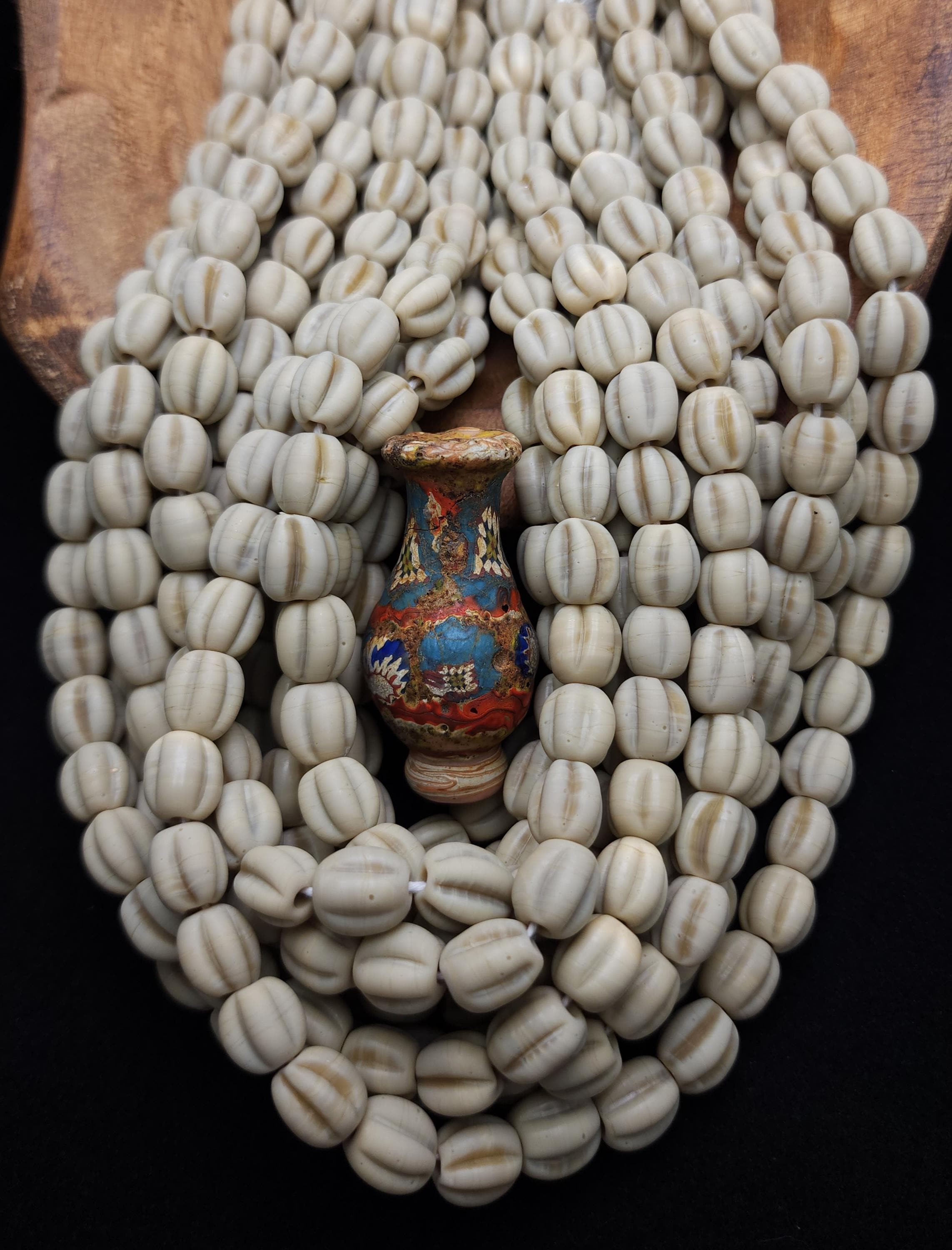 Strand of 12 Melon Glass Beads 10-11mm, Opaque Beige Beads Handmade in Java, Indonesia, Pumpkin Ethnic Artisan Beads, Jewelry Supplies
