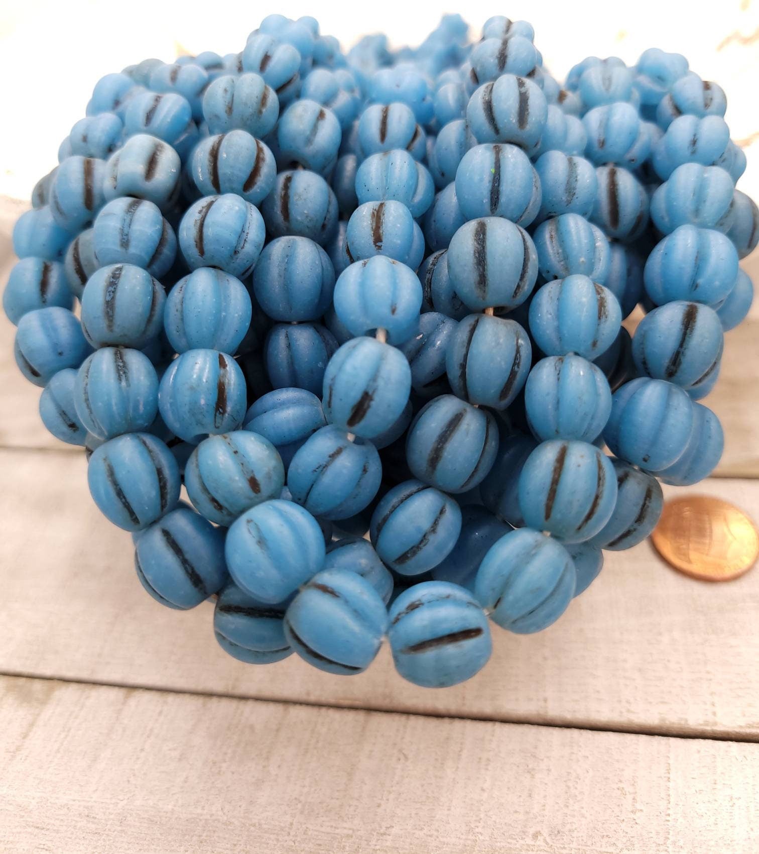 Melon Shaped Beads With Accent Rustic Old Look 10-11mm [12], Jewelry Supplies, Boho, Hippie, Tribal, Lampwork Beads, Indonesian, Thailand