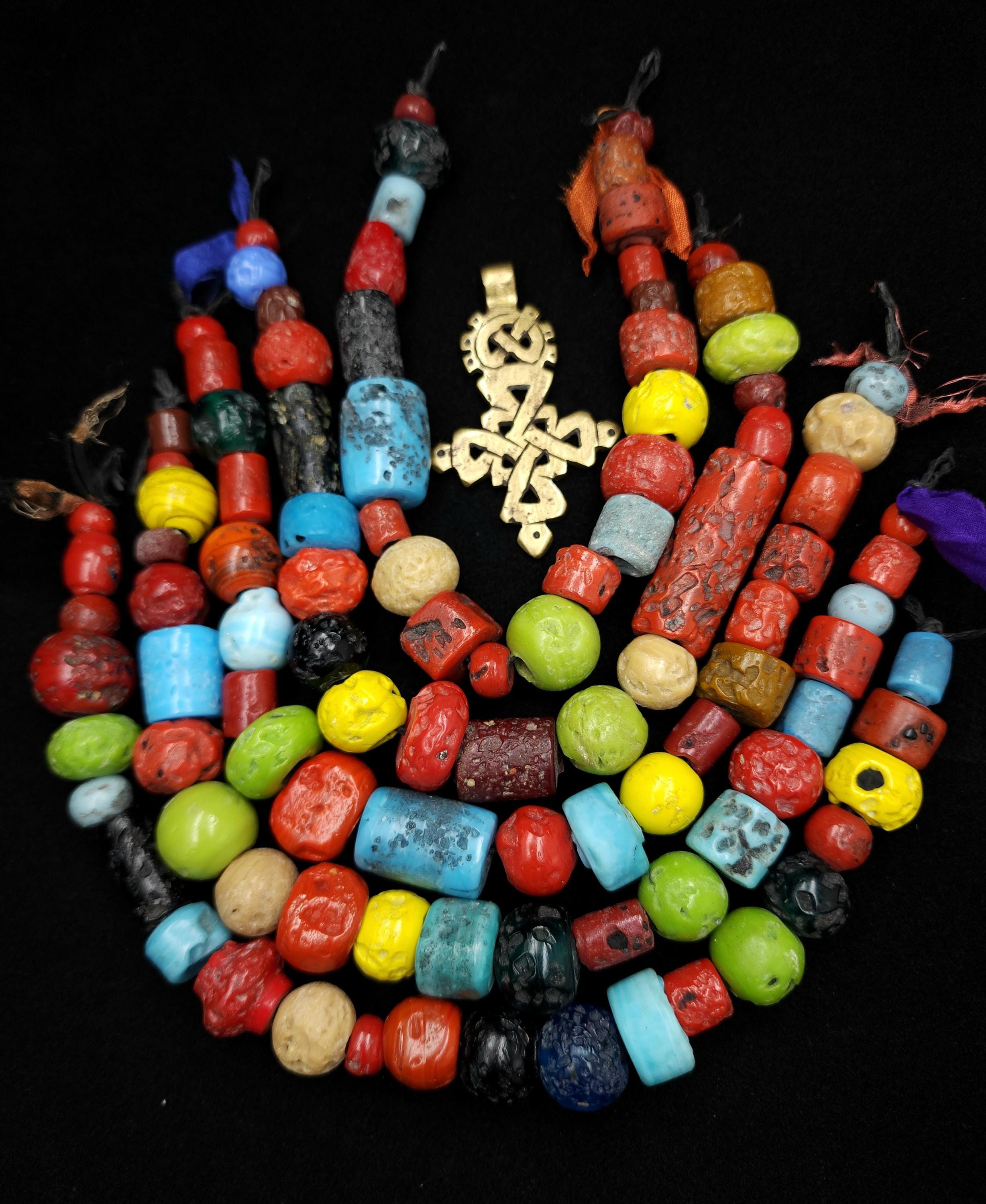 Multicolor Vintage Himalayan Glass Beads, 10" Strand, 8-40mm, Tribal Ethnic Boho Jewelry Making Supplies.