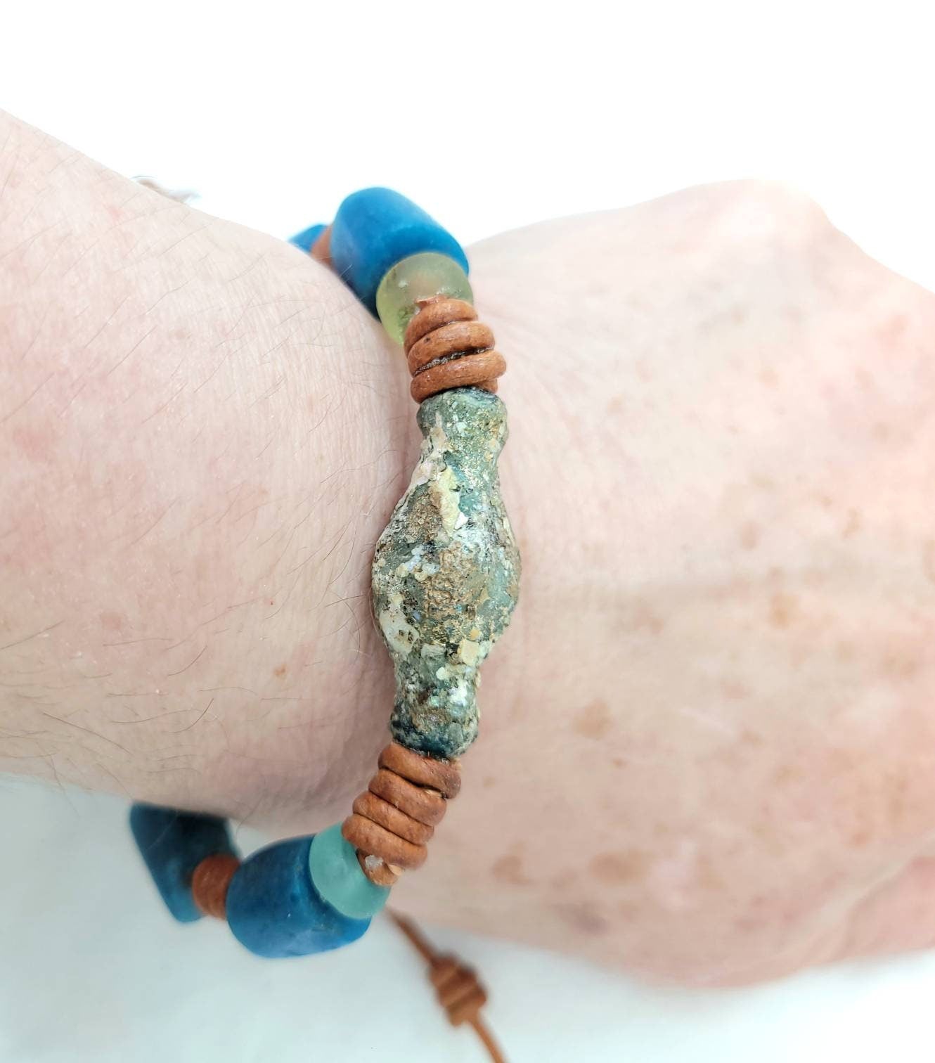 Beautiful Authentic Roman Glass Bangles For Him Or For Her / Ethiopian Copper And Brass Beads Wearing Beautiful Old Roman Glass.