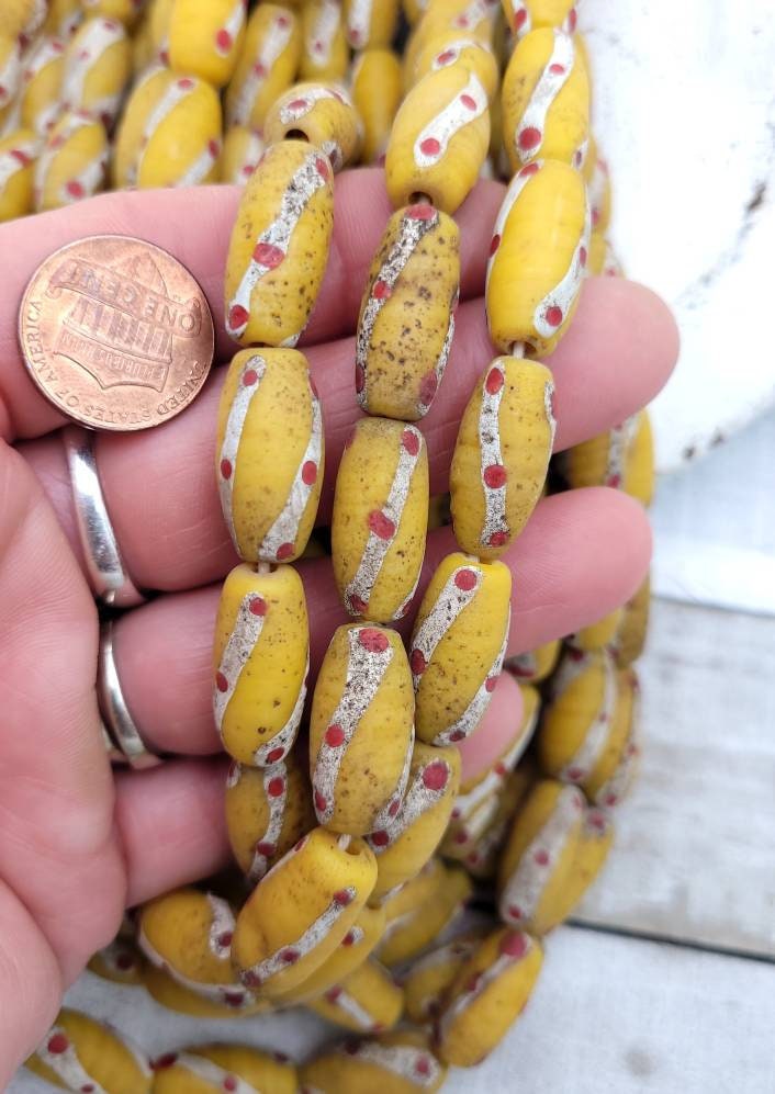Old Accent Glass Beads Made By Thai Artisan Hands/ Indonesian Beads /Java /10 Beads 18-20mm x 10mm /Jewelry Supplies / Vintage / Venetian