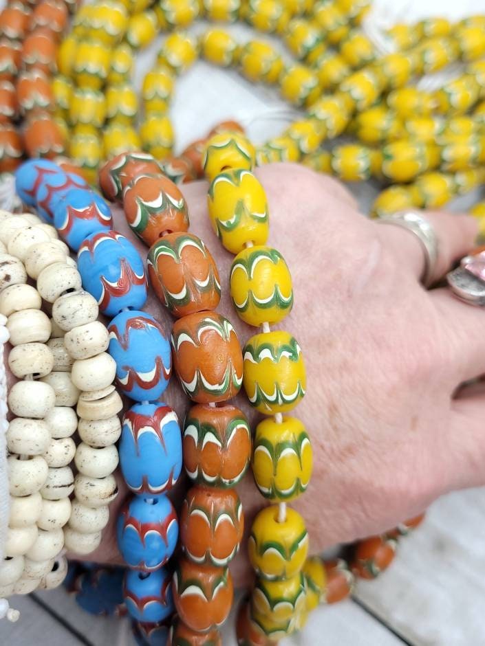 Chevron Style Glass Beads, Vintage Thailand Chevron 14x11mm 10 Beads, Jewelry Supplies, Indonesian, Lampwork Beads.