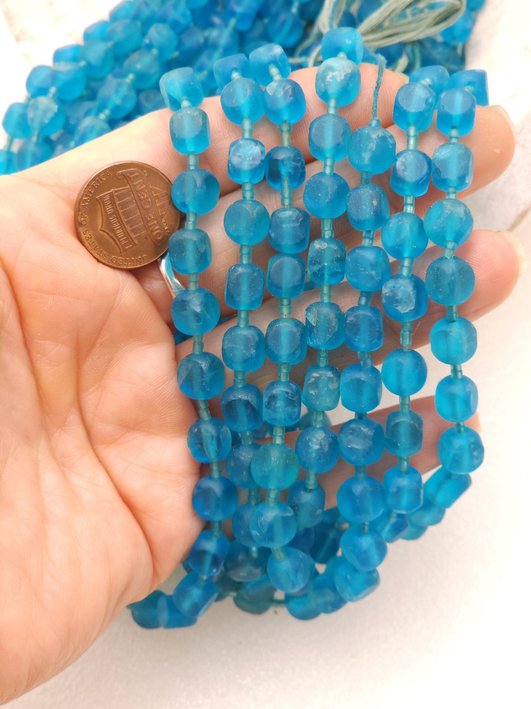 Blue Square Glass Beads From Afghanistan 6mm+ Strand 15-16", Sea Glass Beads, Opaque glass, Vintage, Jewelry Making Supplies.