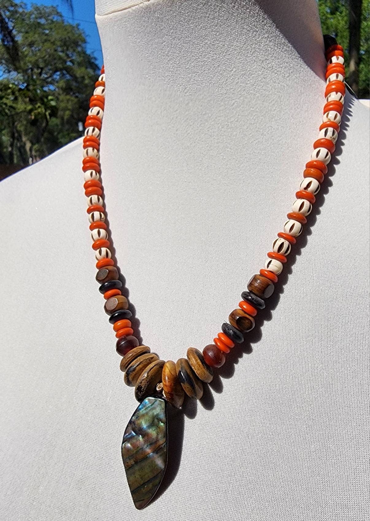 Shell Leaf and Bone Beads Necklace 13" Inches Long / Necklace For Her / Handmade Jewelry / Gift For Mom.