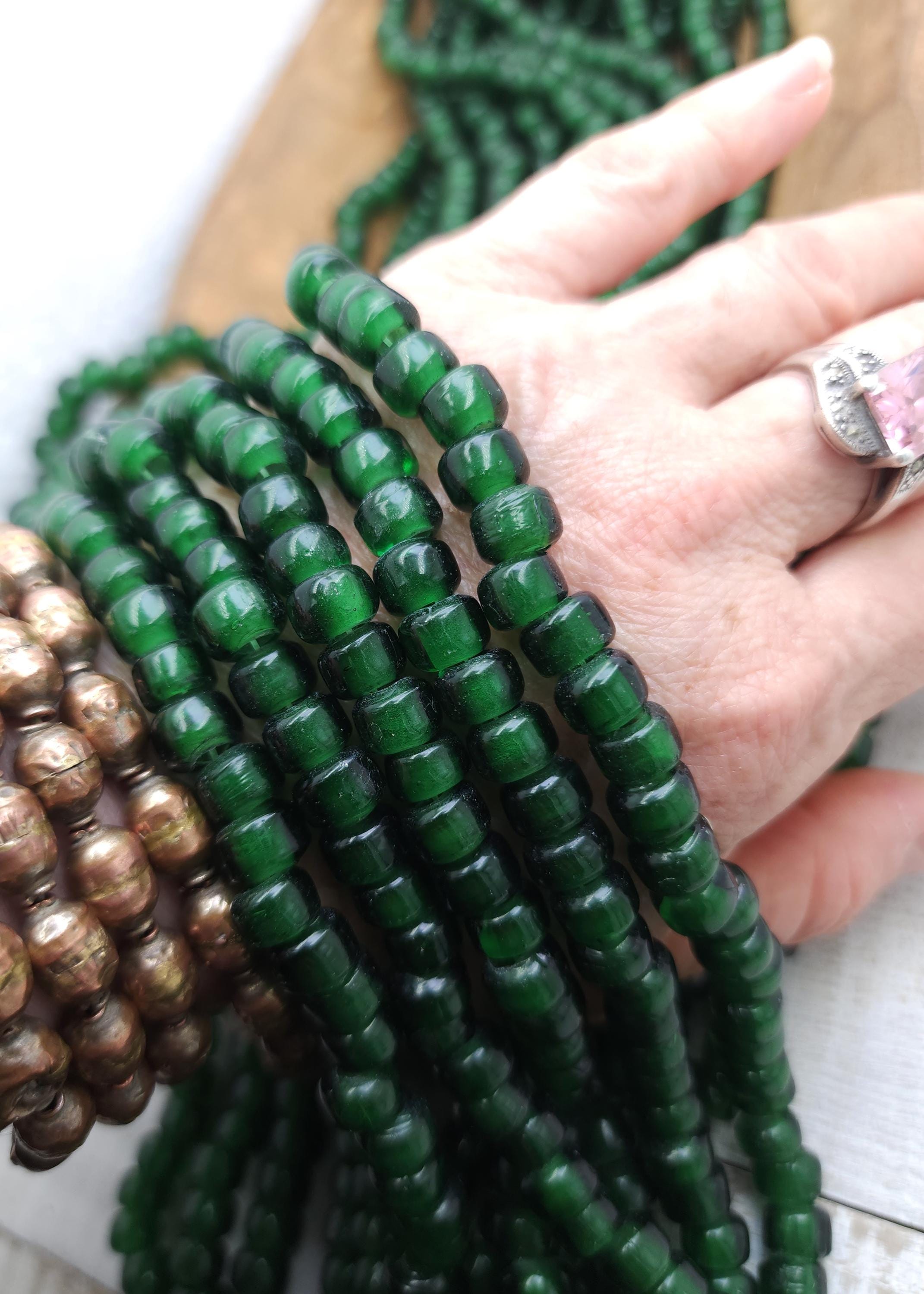 Full 16" Strand Of 6mm x 9mm Translucent Green Crow Glass Beads, Pony Glass Beads, Macrame, Jewelry Making Supplies, Craft.
