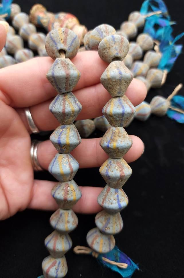 Venetians Style Beaded Bicone Antique Accent Strand 12 Beads 15× 15-16mm, Indonesia, Tribal, Ethnic, Lampwork beads, Jewelry Supplies.