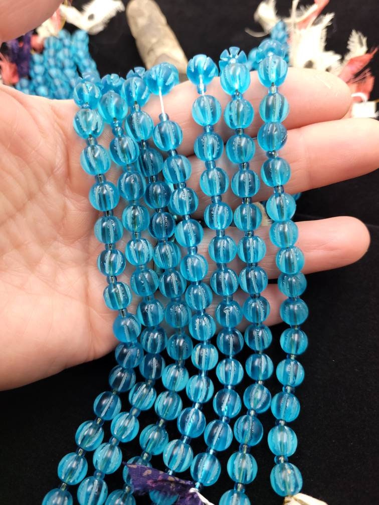 Hand-carved Pumpkin Shaped Crystal Beads / Strand 8" Inches 22 Beads / Jewelry Supplies / Old Beads / Afghan Beads