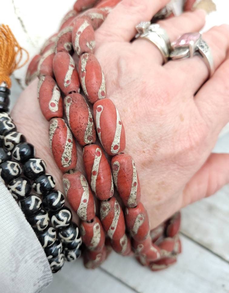 Old Accent Glass Beads Made By Thai Artisan Hands/ Indonesian Beads, Java, 10 Beads 18-20mm x 10mm, Jewelry Supplies, Vintage, Venetian.