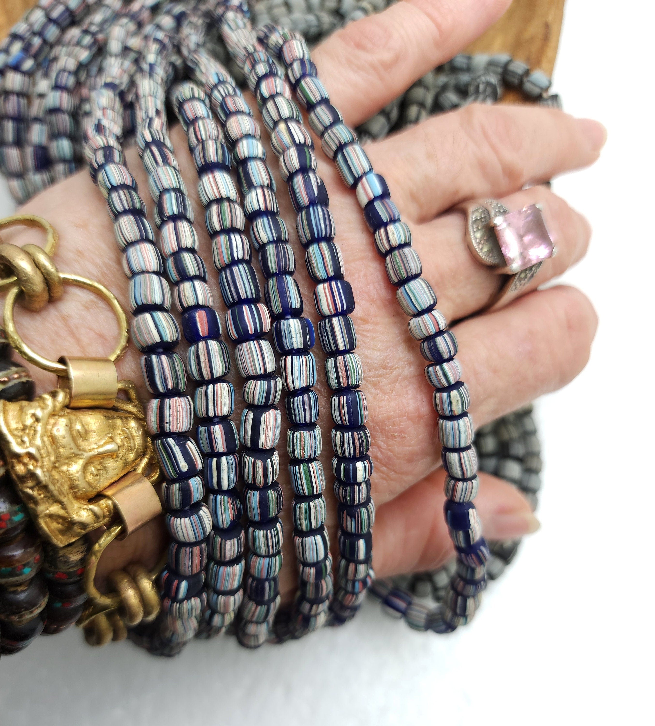 Full Strand 23" Venetian Style Currant Beads / Small Striped Java Beads 5-6mm / Choose Striped Blue Or Black Striped Gray  / Indonesia