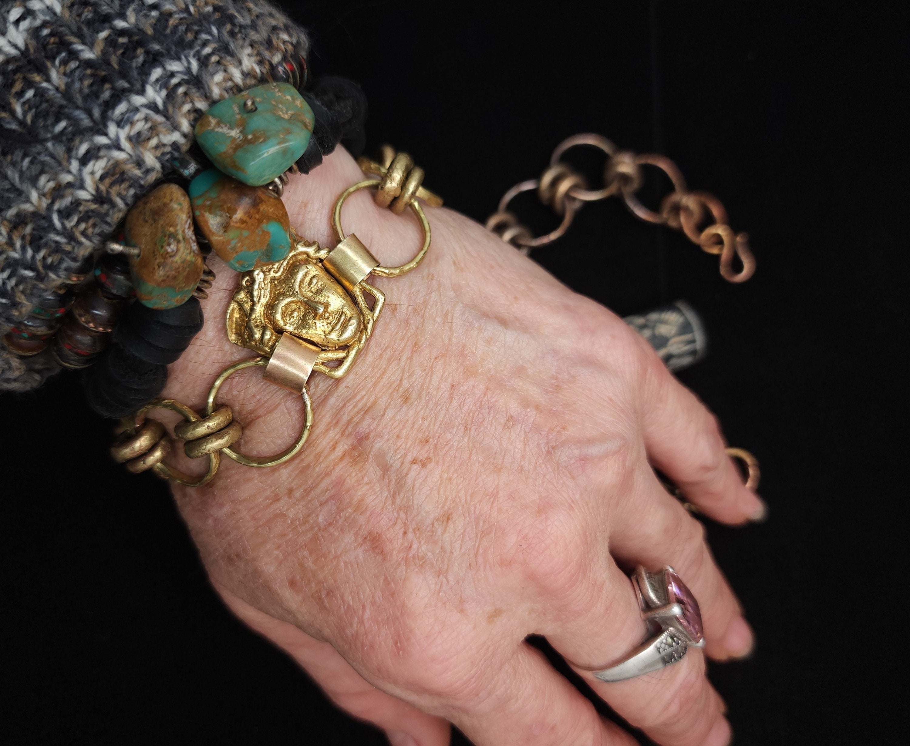 Beautiful Gold Brass Medusa Bracelet / Handmade / Historical / Unusual / Artistic Jewelry / For Her / For Him.