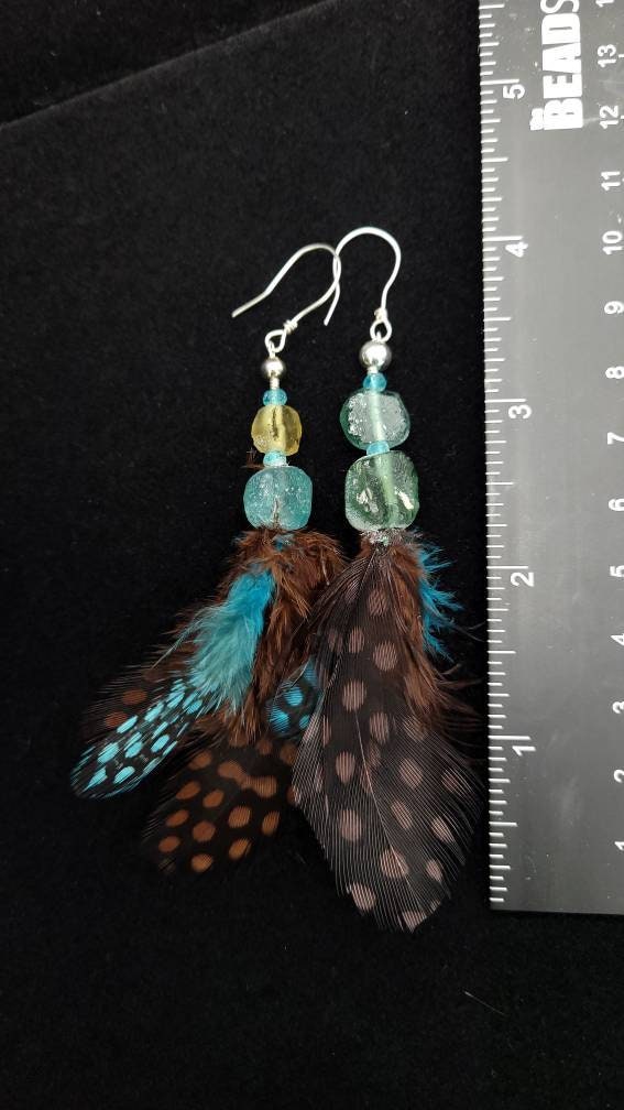 Authentic 925 Silver Earrings / Ancient Roman Glass / Natural Feather Earrings / Hippie Earrings / Ethnic Jewelry.