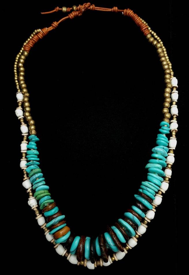 Beautiful Double Necklace With Synthetic Turquoises, African Brass Beads, Corded Genuine Leather / Necklace Length 14.5" With Option +.